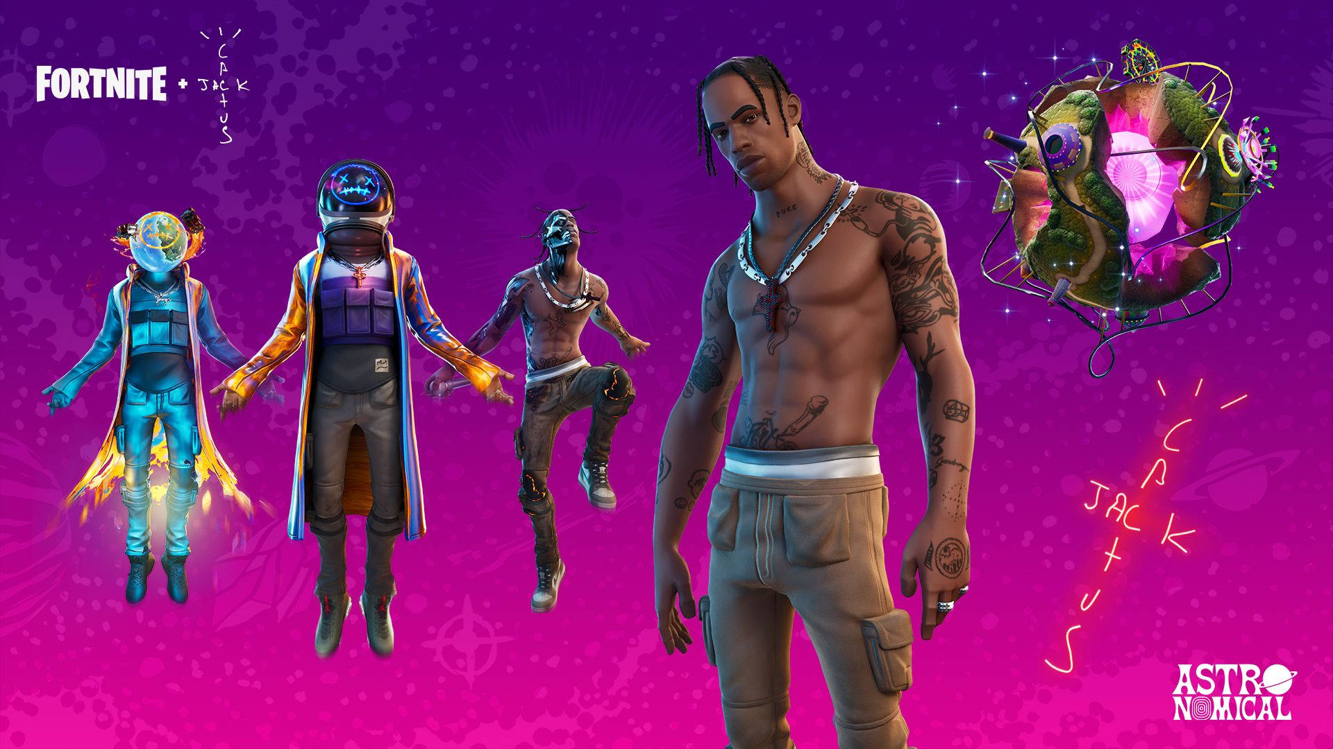 Fortnite 角色 Jack Harlow 穿著太空人造型在宇宙場景中漂浮。