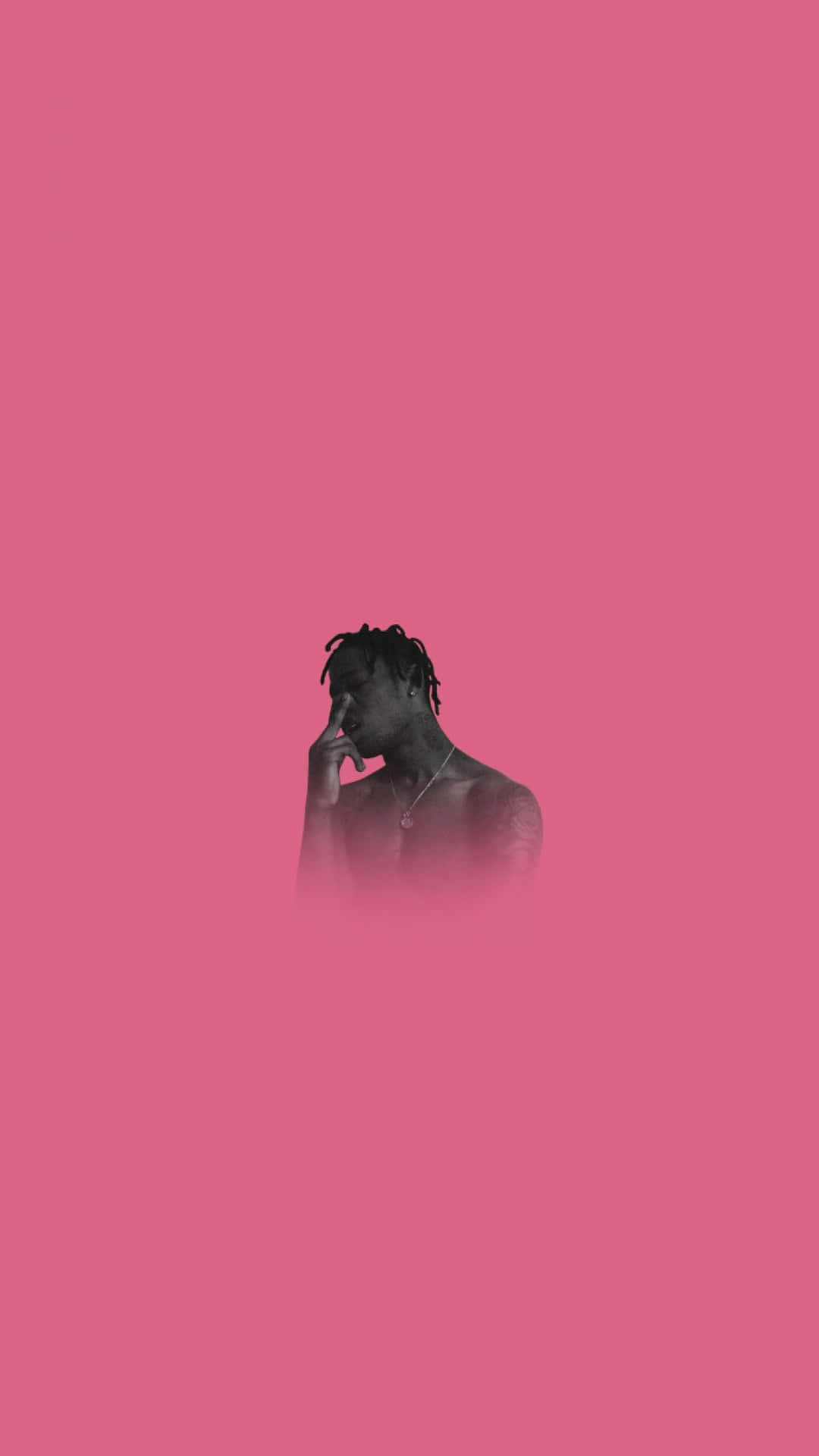 Travis Scott 手持 iPhone 壁紙 — 一個有辮子頭的人的黑白剪影，在純粉紅色背景上沉思地休息。