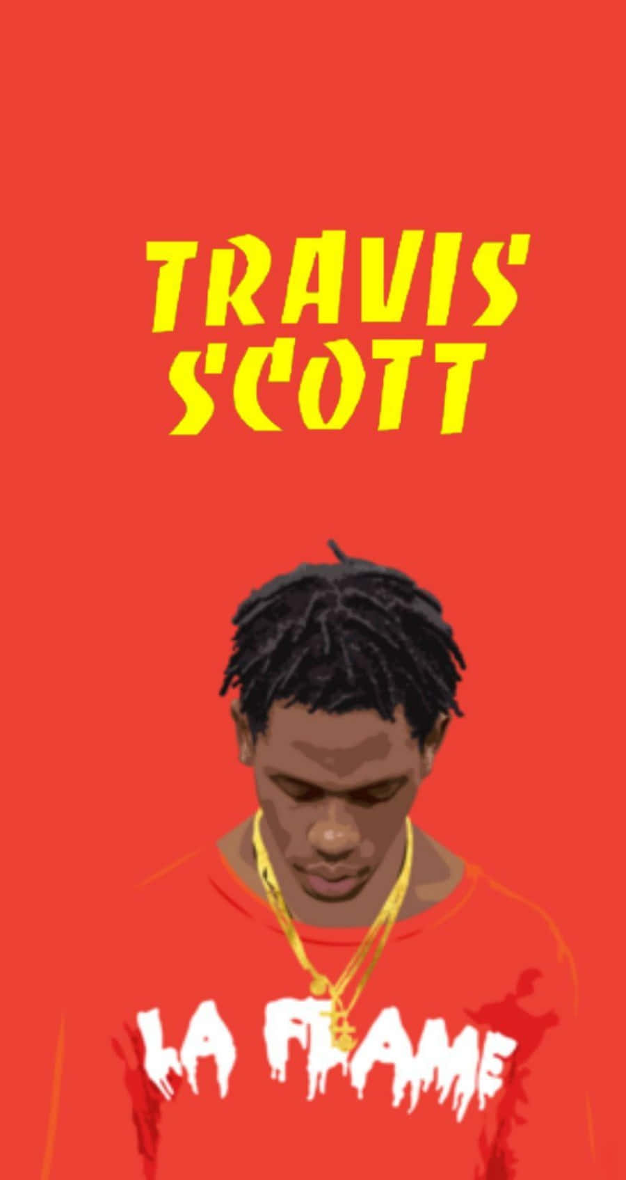 Travis Scott 身穿紅色連帽衫和金鏈，上方有粗體黃色文字。