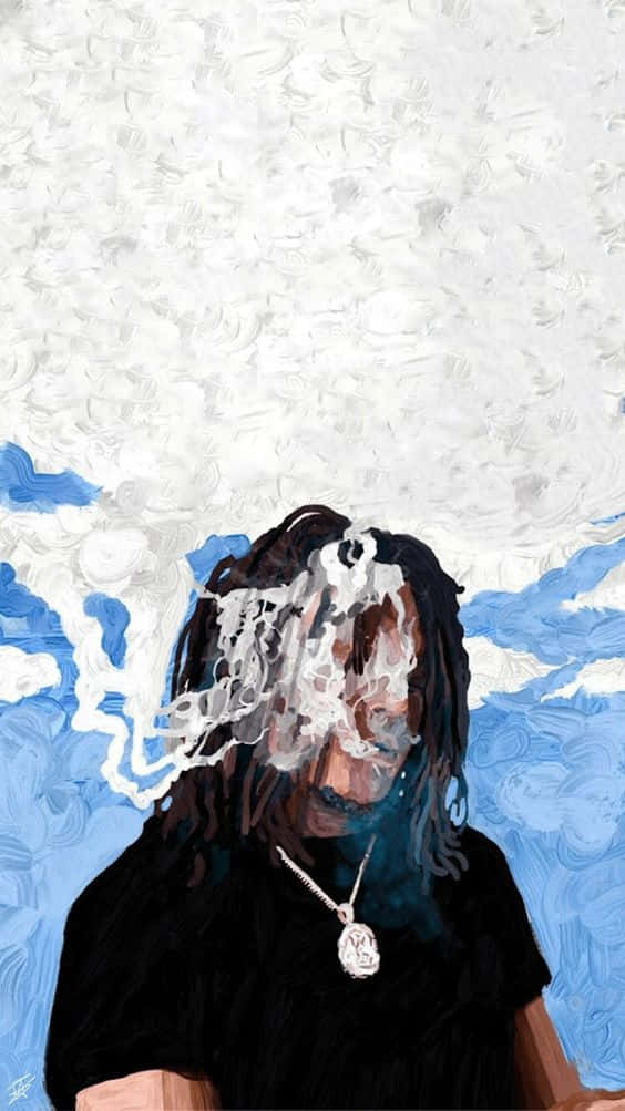 一個留著辮子、戴著項鍊的人，背景是塗繪的藍白天空。