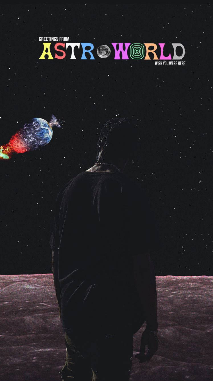 月球上的人物剪影，看著星空中的彩色行星和Astro World文字。