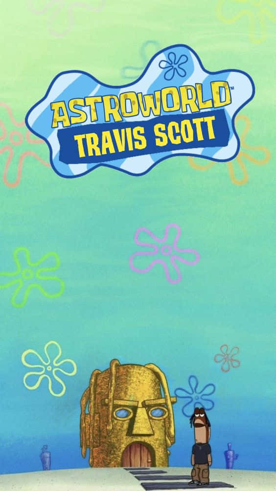 Travis Scott 在海綿寶寶水下場景中，帶有 Astroworld 文字。