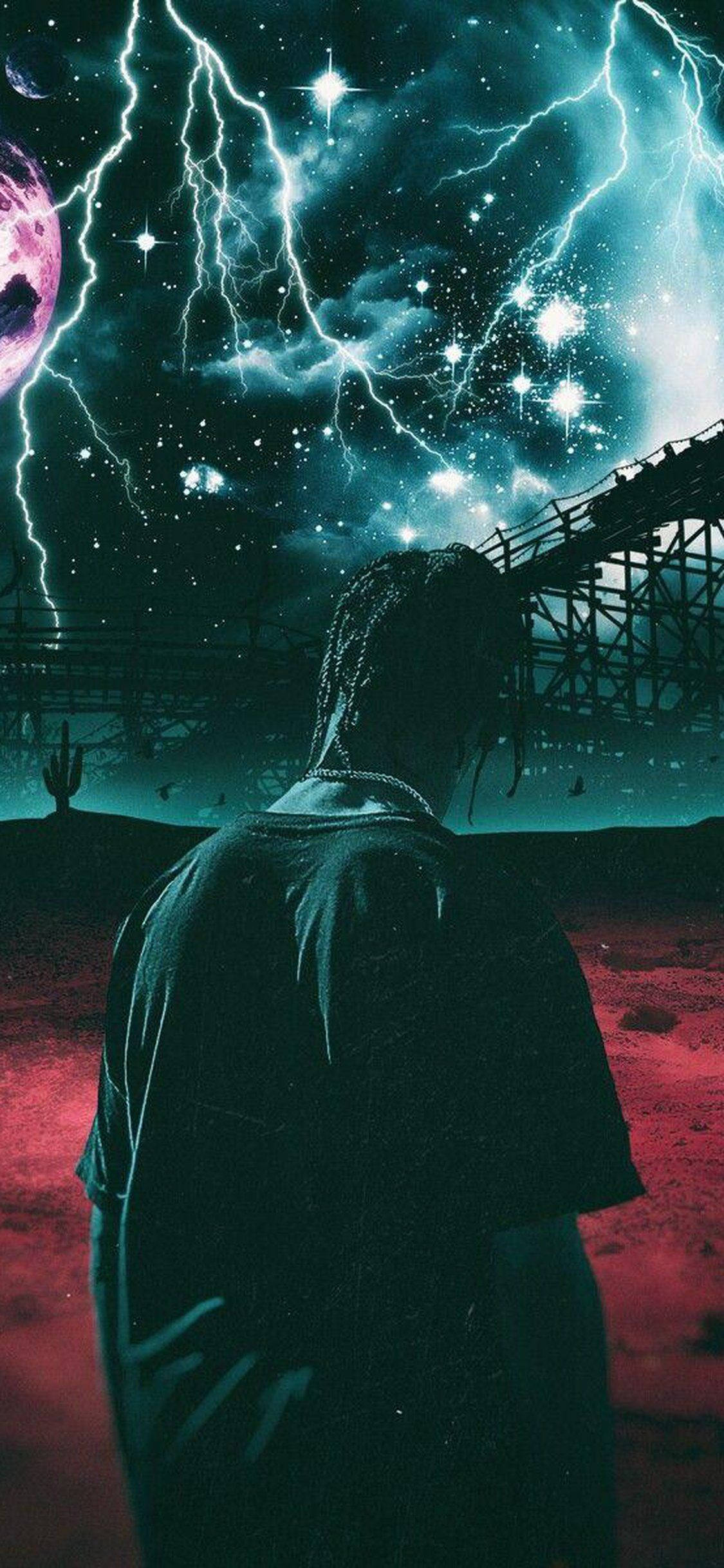 與Travis Scott一起踏上Astroworld的奇幻旅程 壁紙 — 一個孤獨的身影站在超現實的沙漠中，頭頂是風暴般的宇宙天空，閃電和星星交織。
