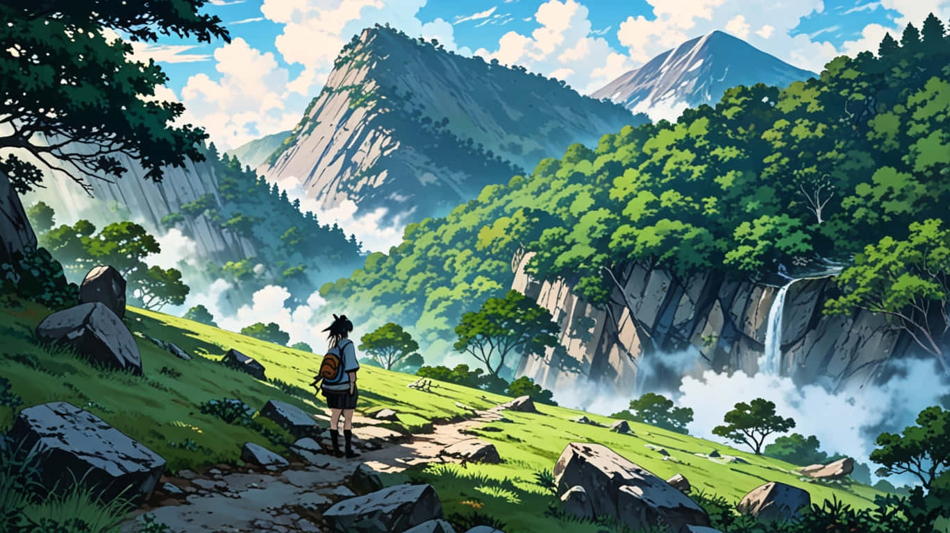 Tree Viewpoint 壁紙 — 一位孤獨的揹著背包的遠足者站在岩石小徑上，俯瞰著一個綠意盎然的山谷，山谷中有霧氣繚繞的山脈和傾瀉而下的瀑布。