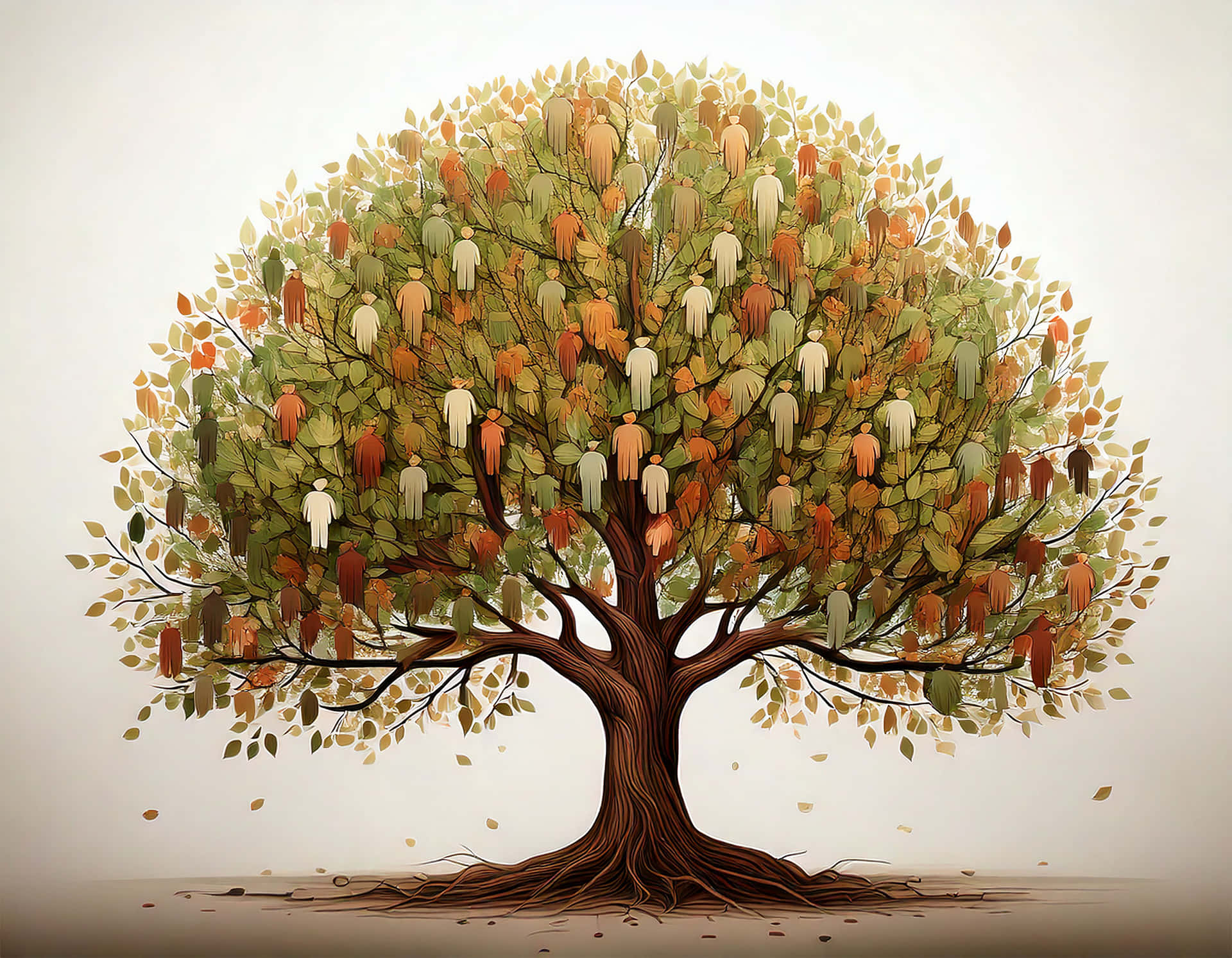 Tree with leaves 壁紙 — 一棵風格化的樹，有粗壯的棕色樹幹和樹根，樹冠充滿了白色和大地色調的人形，點綴在綠色和橙色的葉子之間。