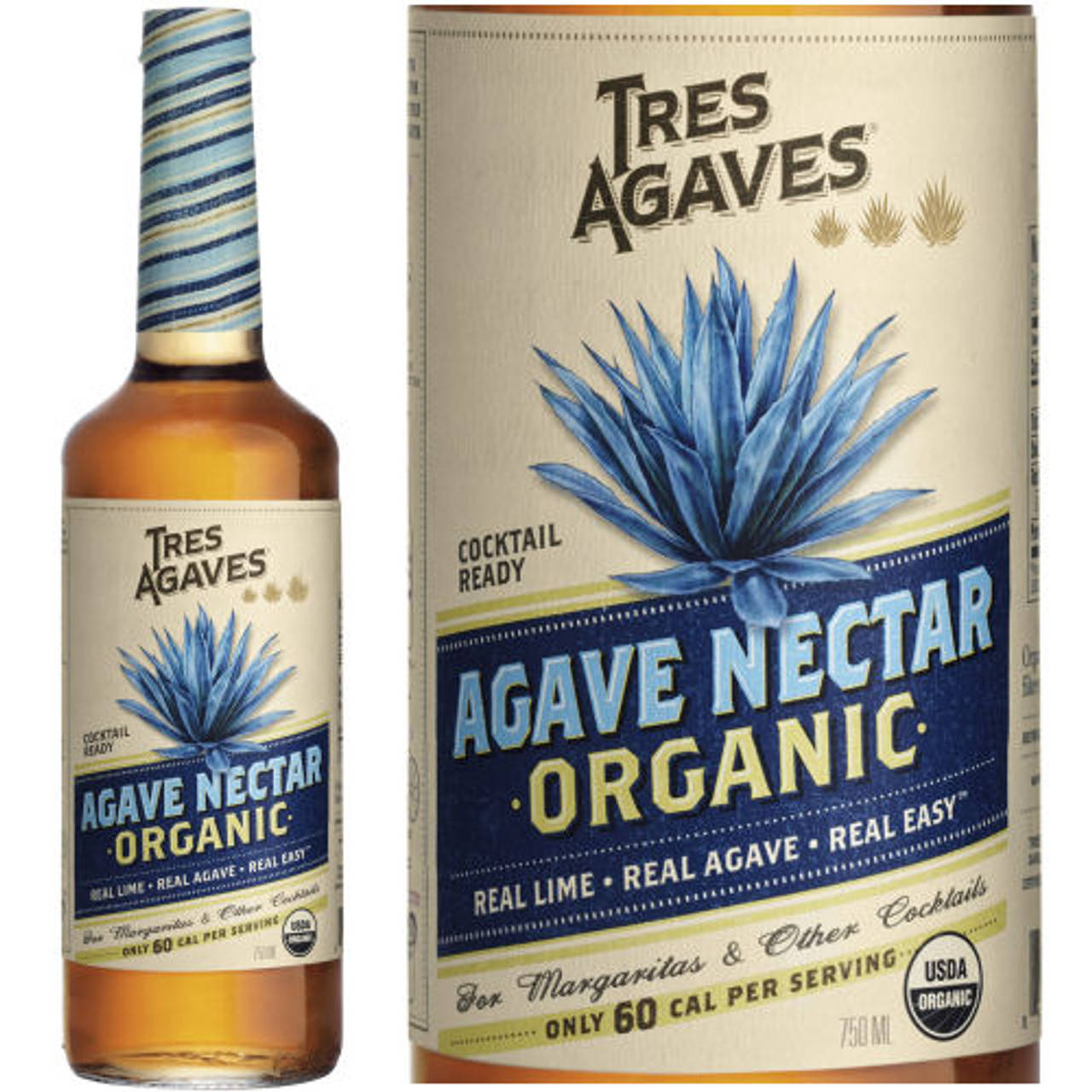 Tres Agaves 有機龍舌蘭蜜瓶和盒，帶有藍色龍舌蘭插圖。