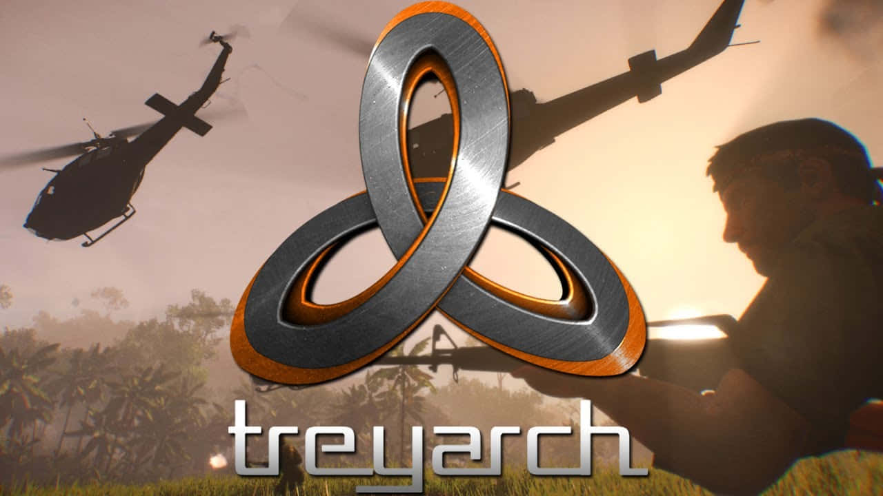 Treyarch 桌布 壁紙 — Treyarch 標誌在日落時分的叢林背景下，與直升機和士兵剪影一起閃耀著金屬橙色光芒。