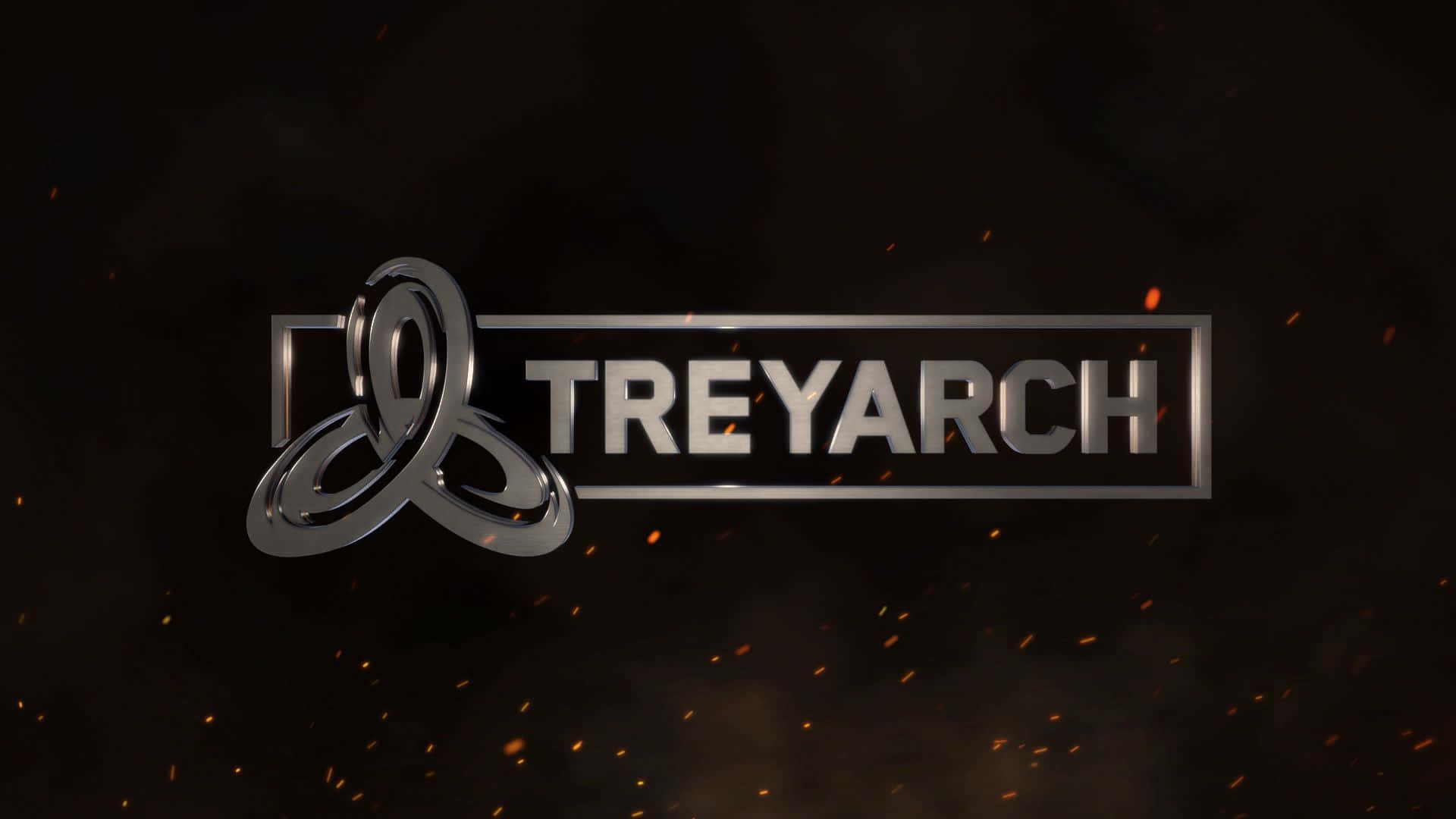 Treyarch 桌布 壁紙 — Treyarch 標誌在深色背景上閃耀著金屬銀色，並帶有飄浮的橙色火花。