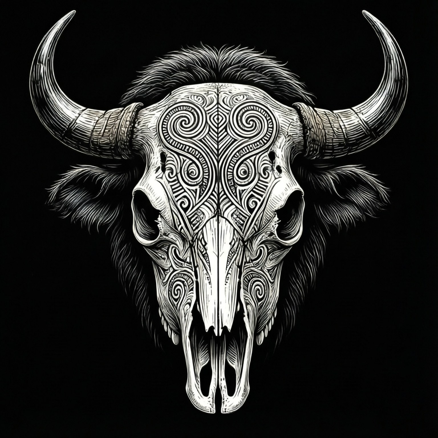 Tribal Buffalo Skull 壁紙 — 一幅詳細的黑白插圖，描繪了一個裝飾著複雜漩渦部落圖案的水牛頭骨，背景為純黑色。