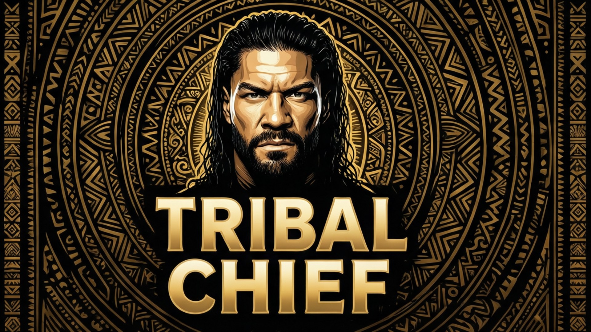 TRIBAL CHIEF 字體設計 壁紙 — 一個兇猛的男人，長長的黑髮和鬍鬚，被複雜的金色部落圖案框住，下方有粗體文字。