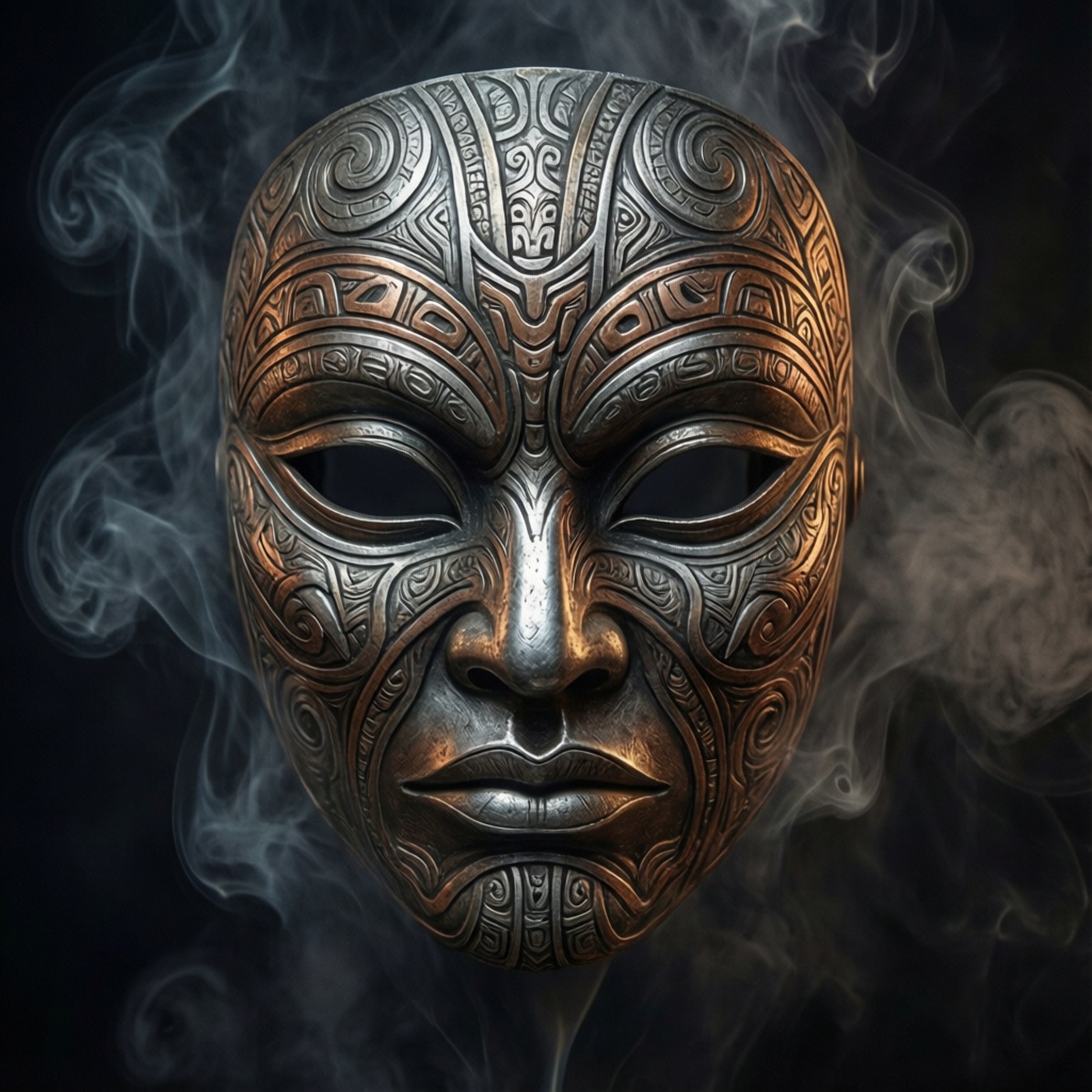 一個詳細的青銅和銀色部落面具，在黑暗背景下被煙霧環繞