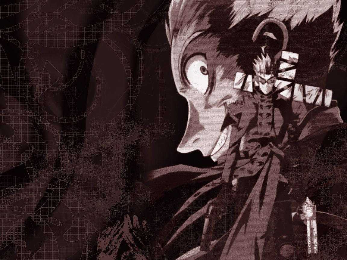 Trigun 主要反派 米爾利恩·納夫斯 壁紙 — 一張戲劇性的動漫風格壁紙，以深色調的兩個角色為特色，表情強烈，背景圖案風格化。