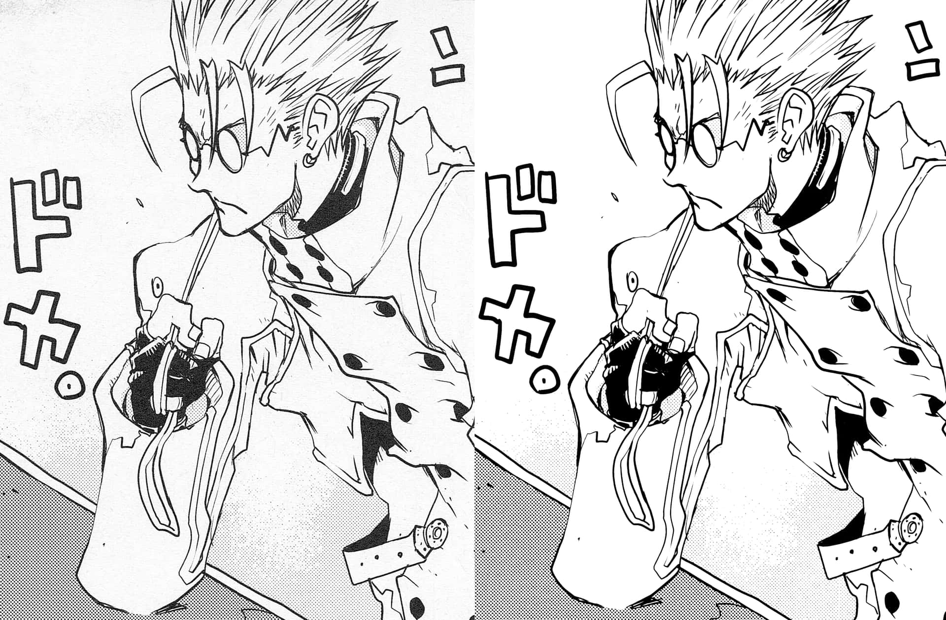 《Trigun》：Vash the Stampede的冒險人生 壁紙 — 漫畫面板顯示一個頭髮尖刺的角色穿著斑點外套，手持手榴彈，帶有擬聲詞音效。
