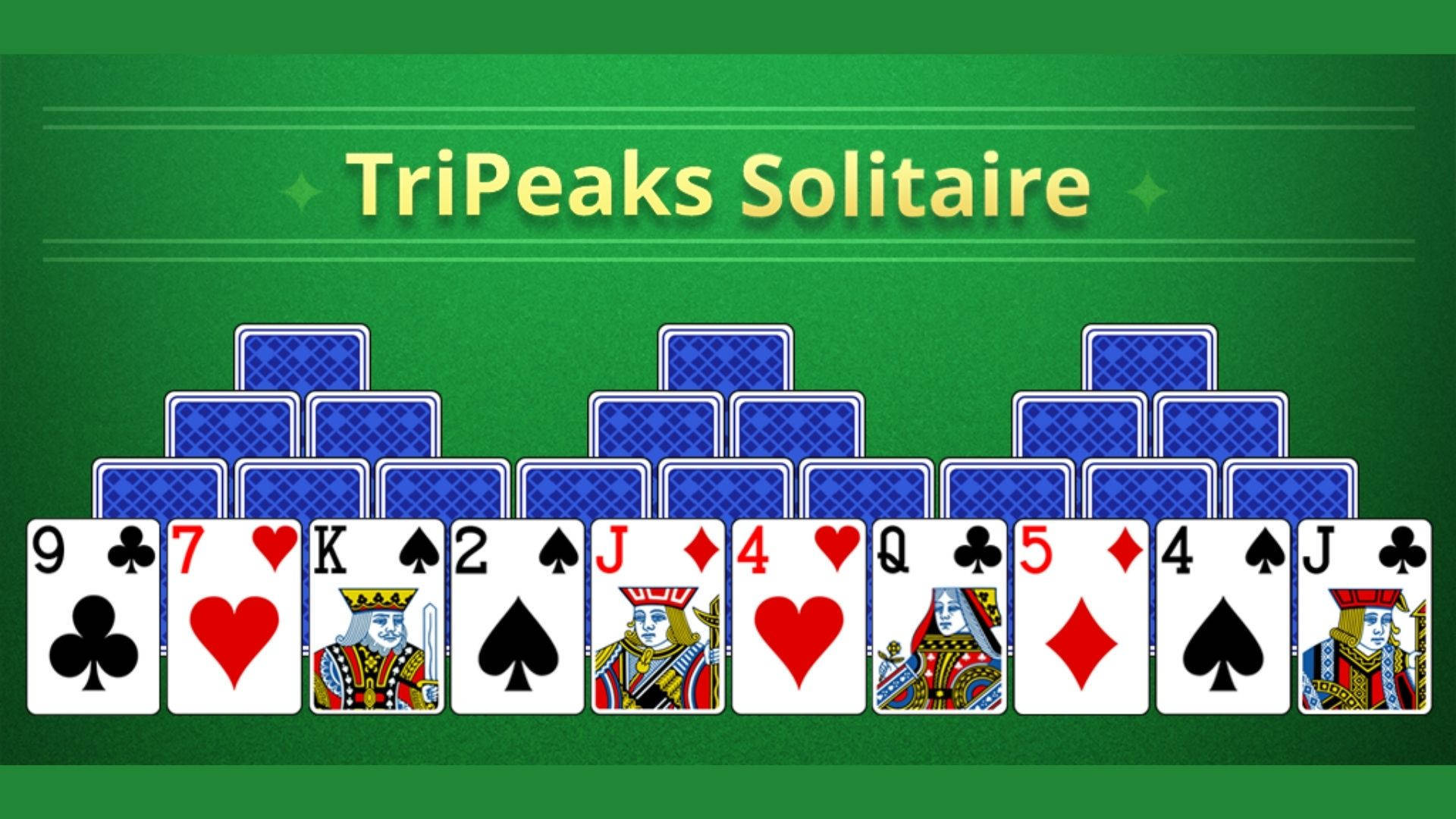 TriPeaks 拖拉不倒 壁紙 — TriPeaks Solitaire 遊戲界面，顯示正面朝上的牌和藍色背面朝下的牌疊，背景為綠色氈布。