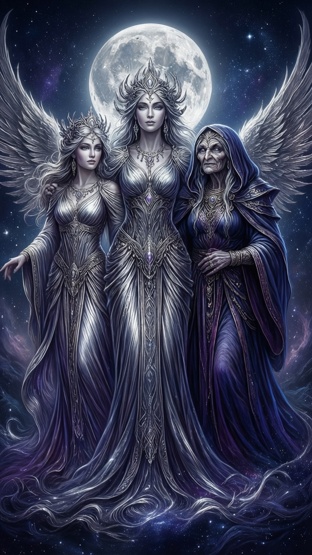 三位有翼女神身穿華麗長袍，站在繁星夜空下的滿月旁。