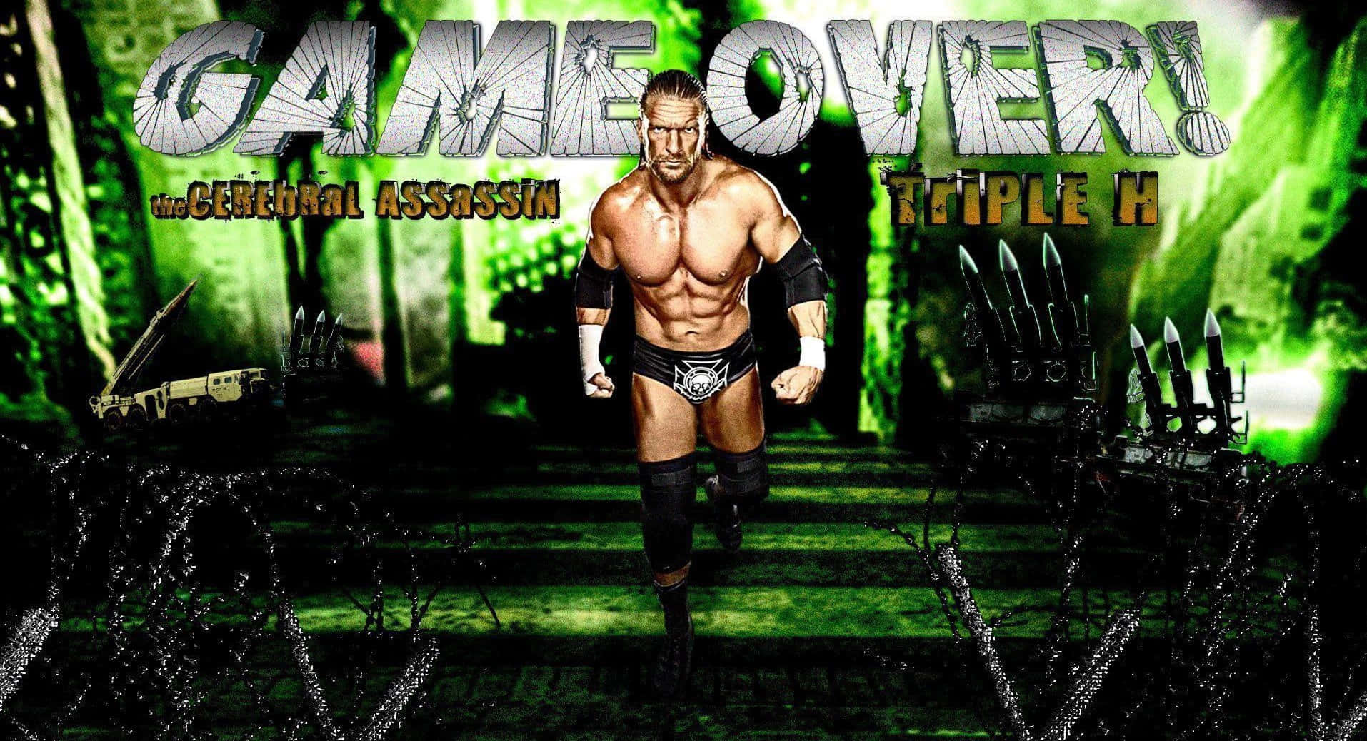 摔角手 Triple H 在深綠色競技場中，帶有「GAME OVER!」文字和武器。