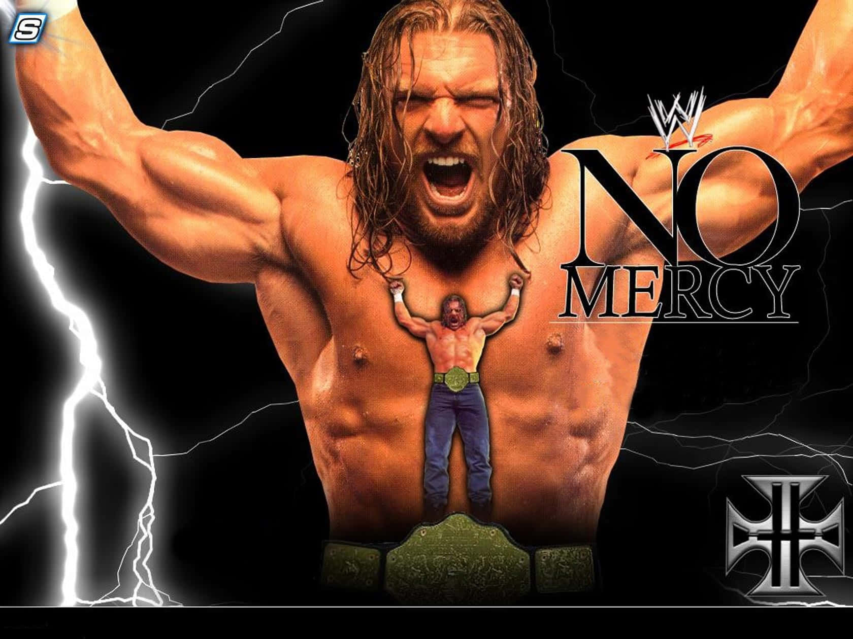 摔角手高舉雙臂咆哮，帶有閃電和「No Mercy」文字。