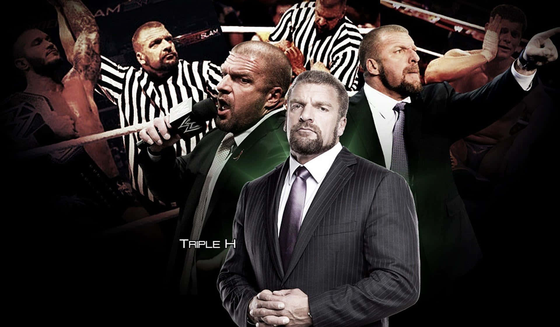 WWE摔角手與官員在擂台上，中心是穿著西裝的Triple H。