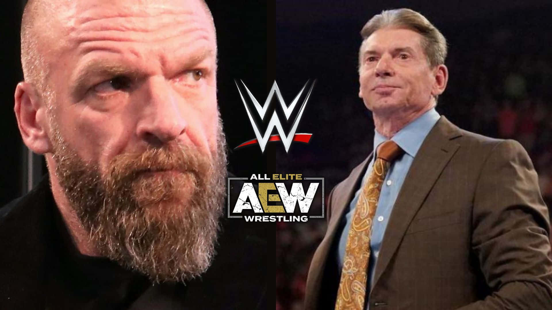 兩個摔角傳奇人物對峙，中間有 WWE 和 AEW 標誌。