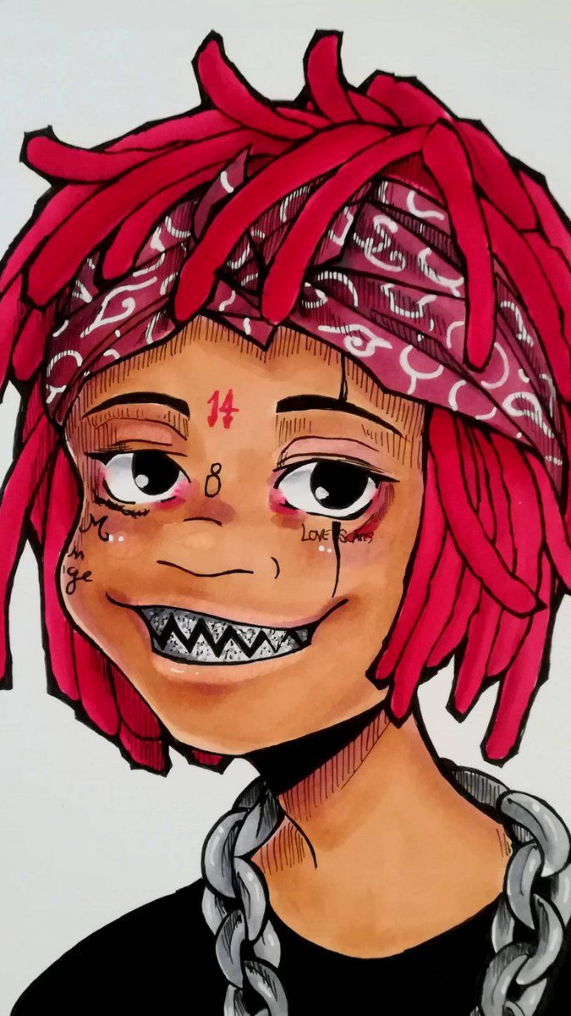 Trippie Redd 動漫風格 壁紙 — 一個風格化插圖，描繪一個擁有鮮紅色辮子、圖案頭巾和大型銀鏈項鍊的人。