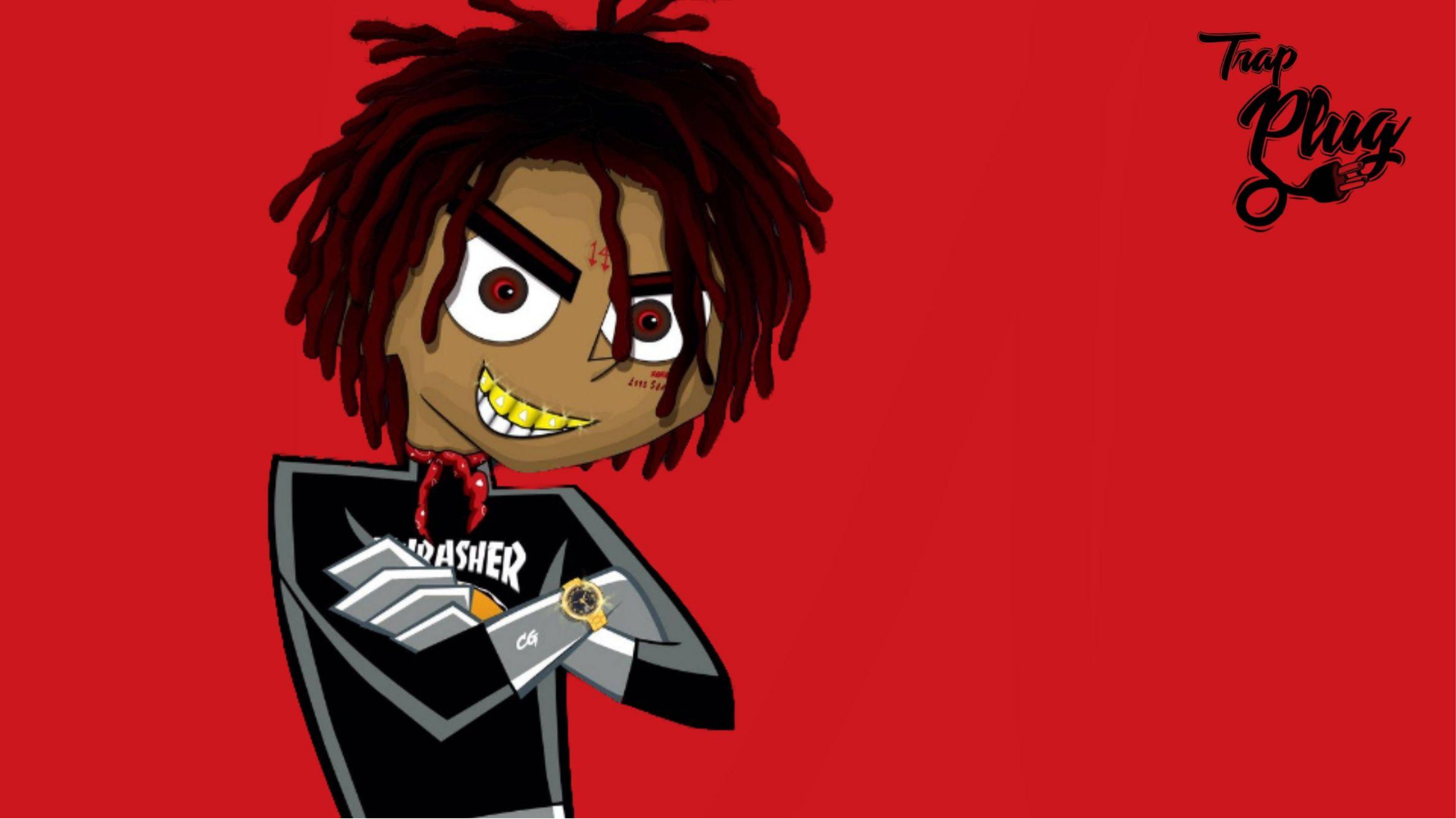 Trippie Redd 動畫藝術 壁紙 — 卡通角色，紅色辮子頭，金牙，在純紅色背景前自信擺姿勢。