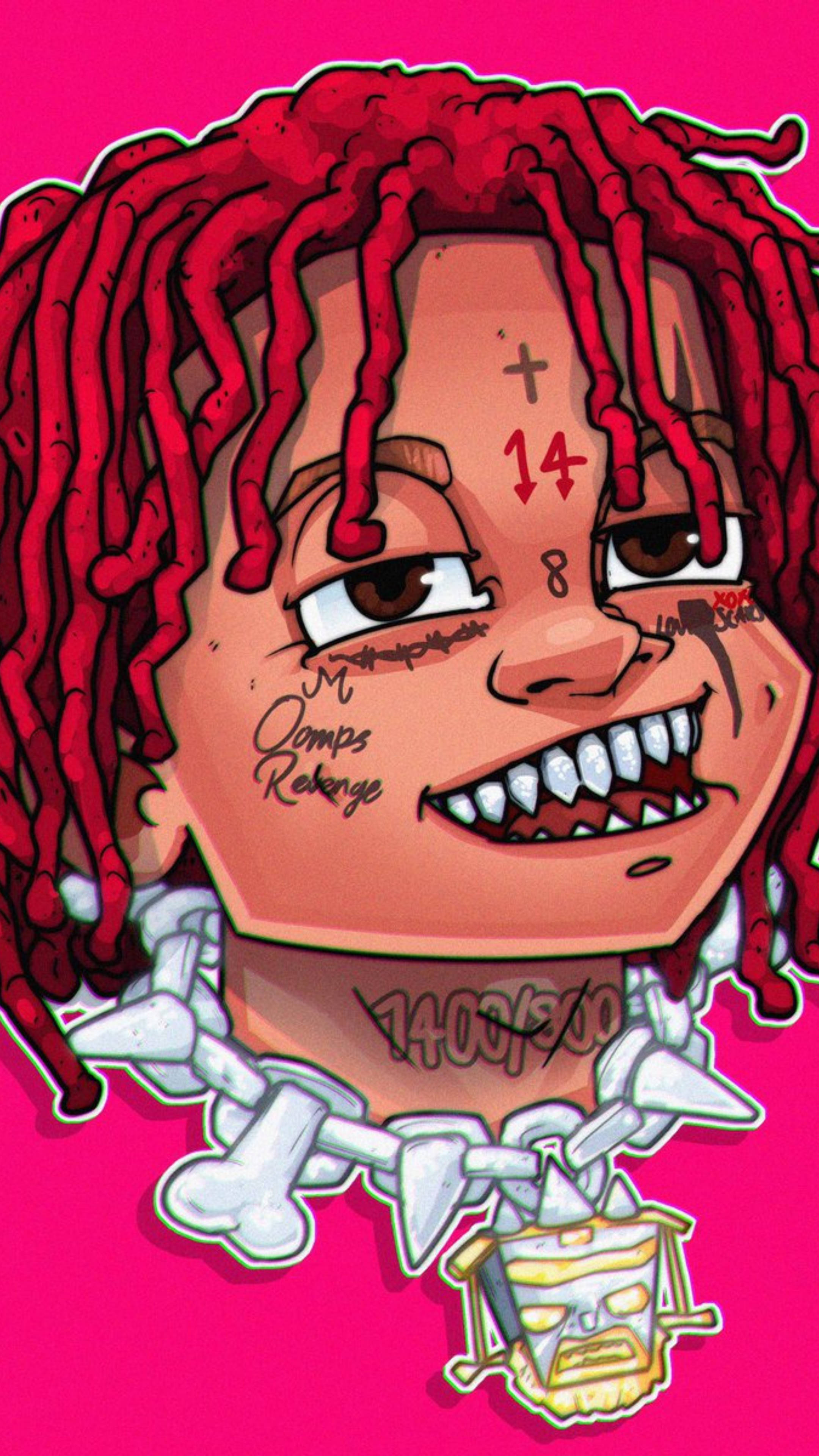 Trippie Redd 卡通特寫 壁紙 — 一個卡通風格的人物肖像，擁有紅色辮子和紋身，背景是明亮的粉紅色。