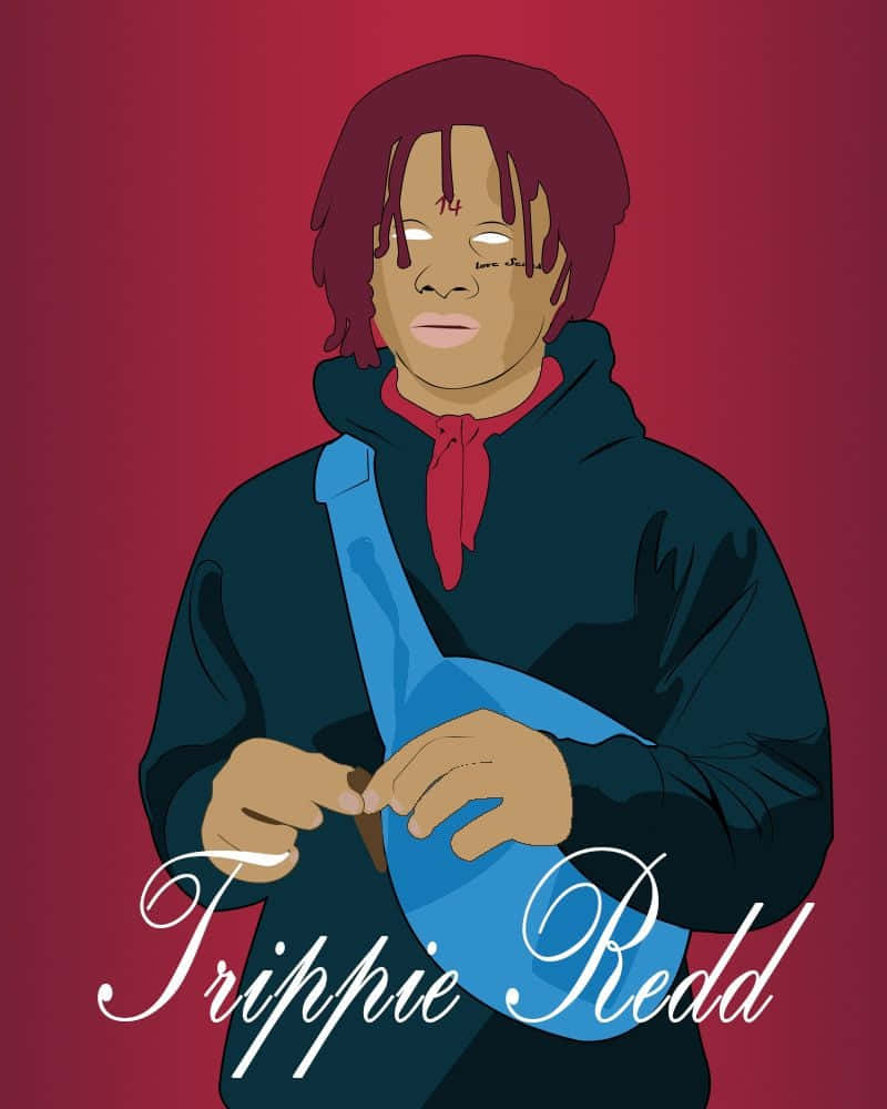 trippie redd 桌布 壁紙 — Trippie Redd 喺深紅色漸變背景前手持藍色樽嘅插圖。