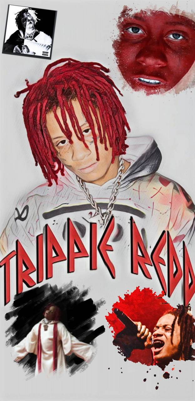 Trippie Redd 拼貼編輯 壁紙 — 一張風格化的拼貼畫，以Trippie Redd為特色，紅色辮子頭和粗體紅色文字，白色背景上有碎片化的肖像元素。