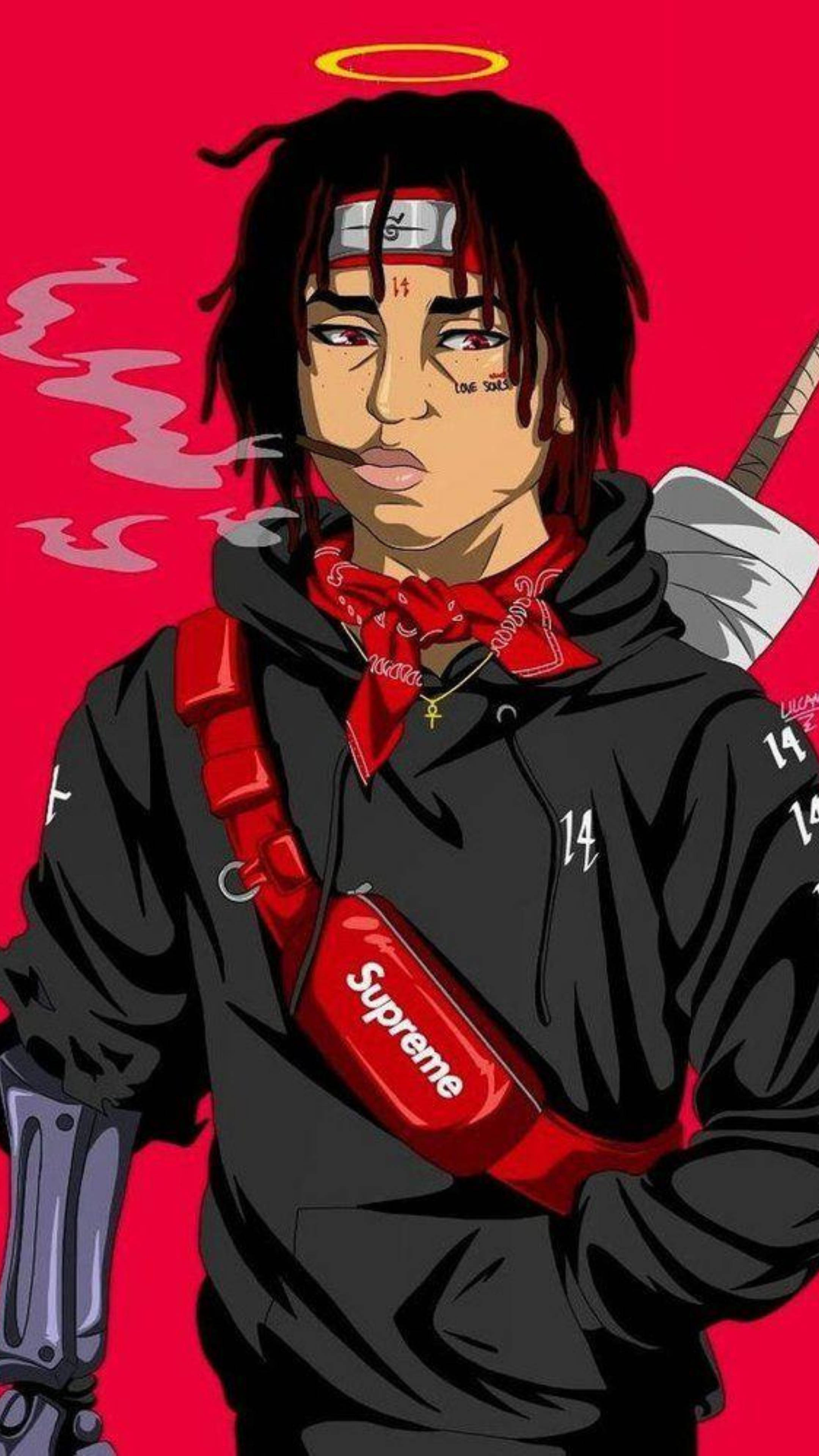 Trippie Redd 數位插畫 壁紙 — 一個風格化的動漫角色，留著辮子頭和光環，在鮮紅色的背景下抽煙。