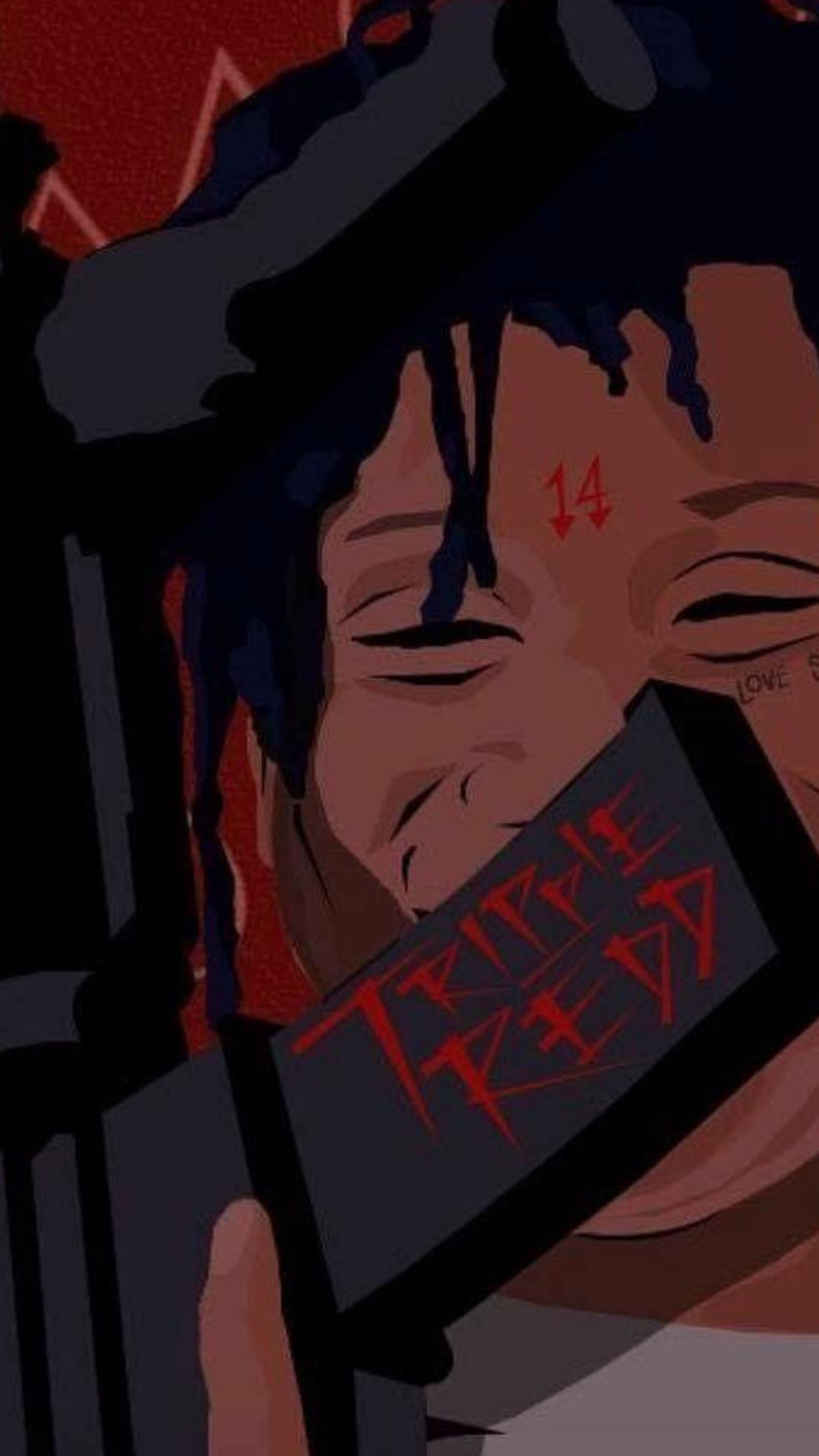 Trippie Redd 數位藝術 壁紙 — 一個風格化的數位插圖，描繪一個深色辮子的人拿著手機，手機上以紅色文字顯示「TRIPLE RED」，背景為有紋理的紅色。