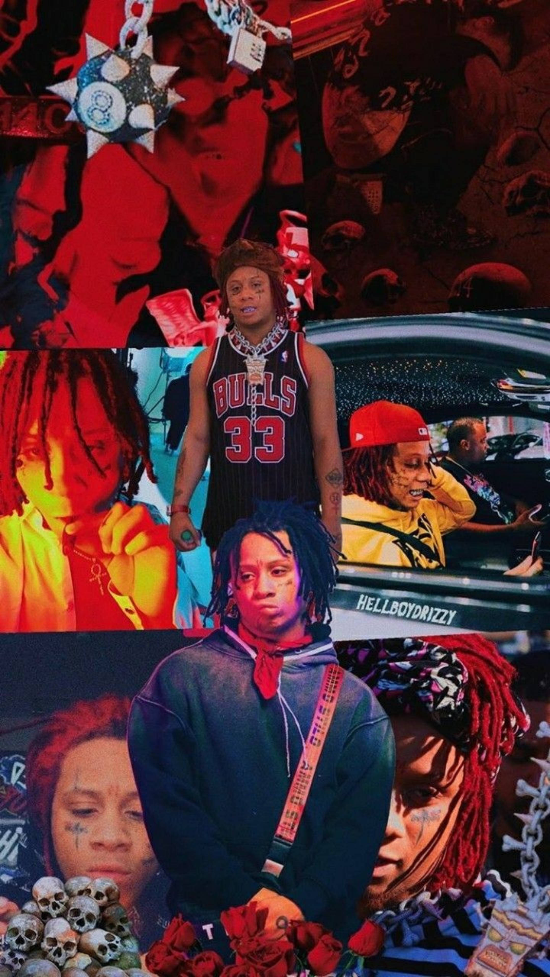 Trippie Redd 照片拼貼 壁紙 — 充滿活力的拼貼畫，展示說唱歌手XXXTentacion在各種姿勢和服裝中，背景為大膽的紅色和黑色，帶有骷髏頭和城市元素。