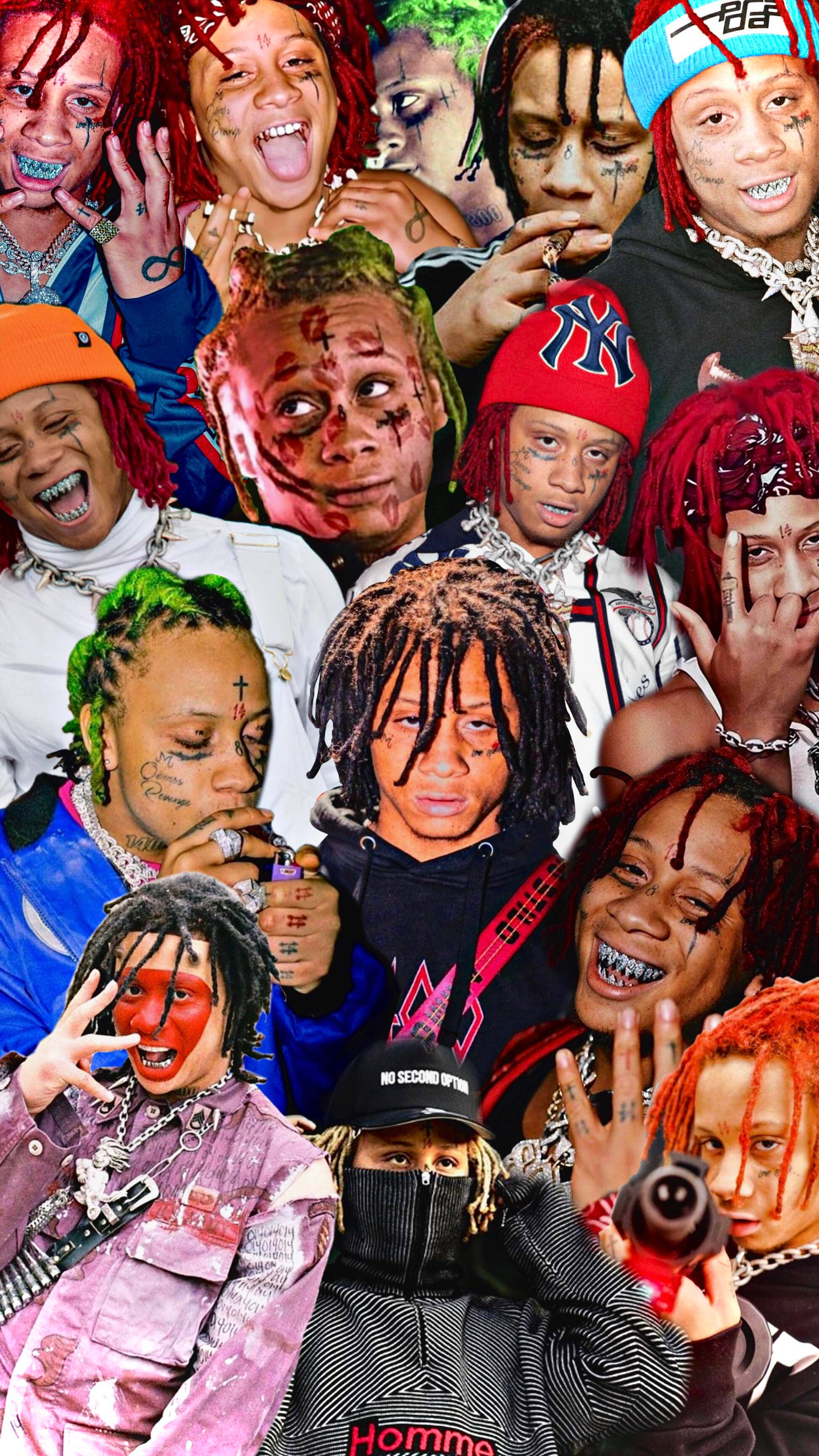 Trippie Redd 照片拼貼 壁紙 — 充滿活力的XXXTentacion表情肖像拼貼畫，帶有彩色頭髮、紋身和大膽的配飾。