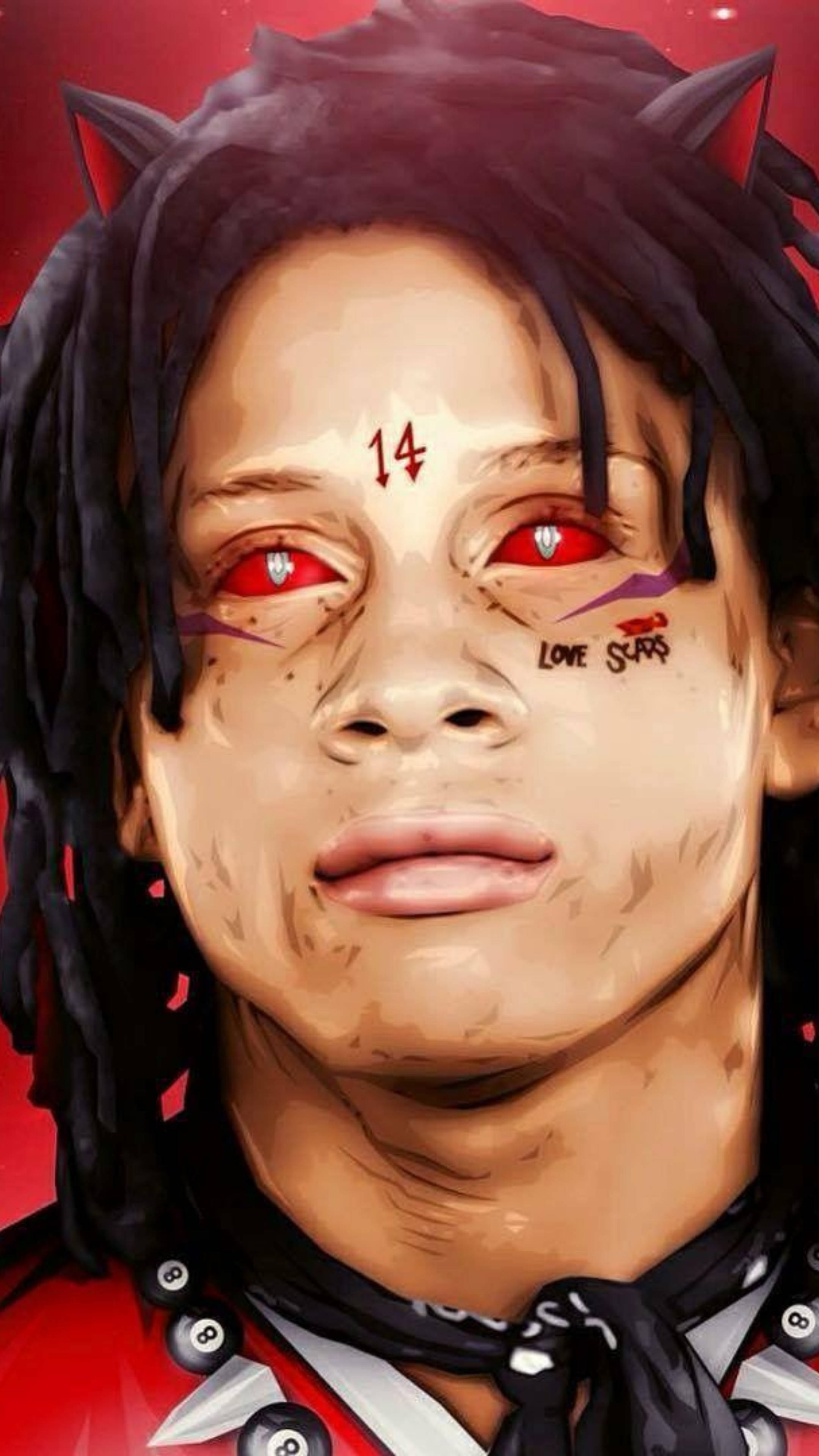 Trippie Redd 猫眼造型 壁紙 — 一個風格化的數碼肖像，人物擁有紅色眼睛、辮子頭和惡魔角，背景是火紅色的。