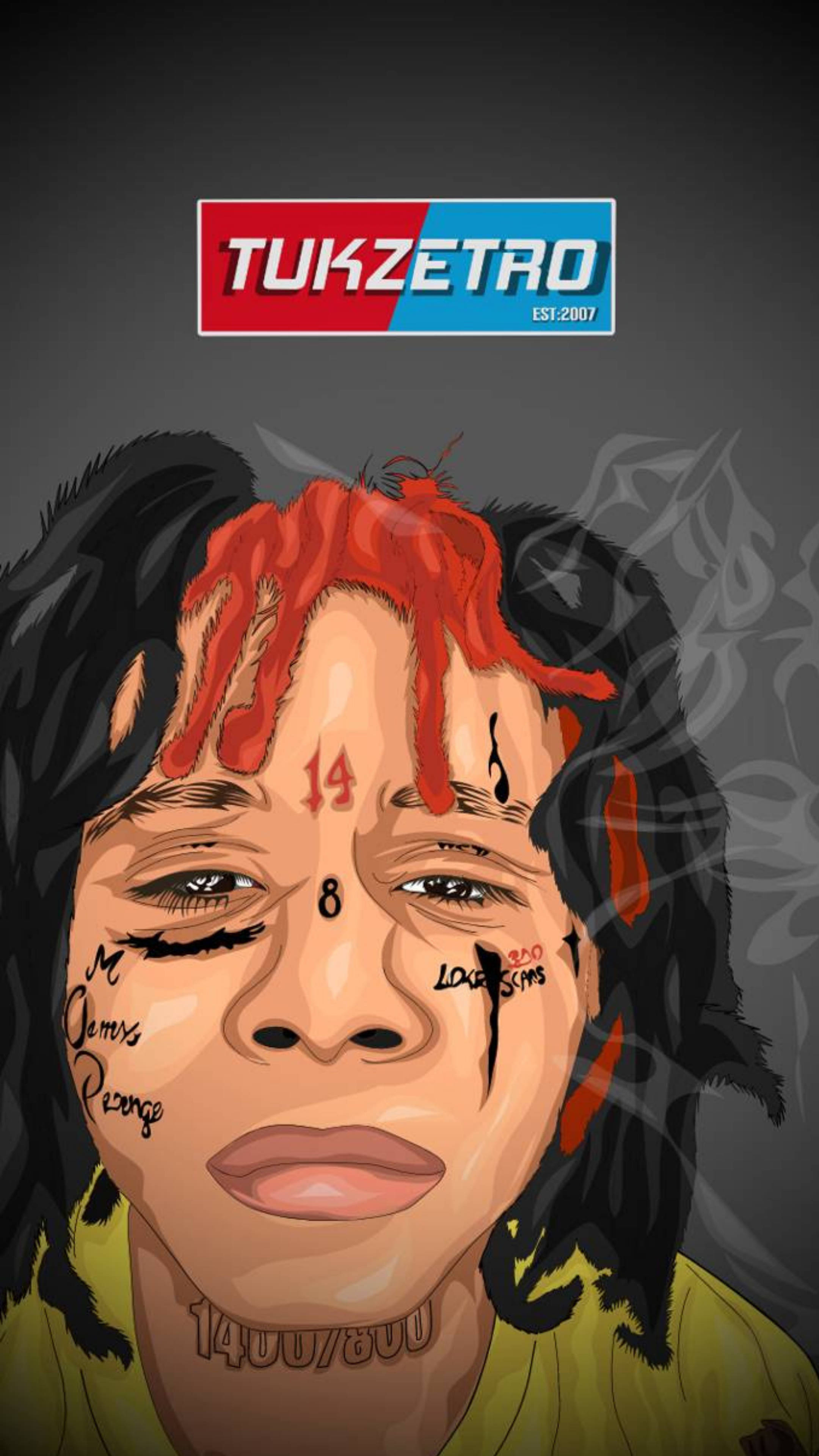 Trippie Redd 現場演出 壁紙 — 一個風格化的數碼肖像，人物有紅色頭髮條紋和紋身，背景為深灰色，上方有標誌。