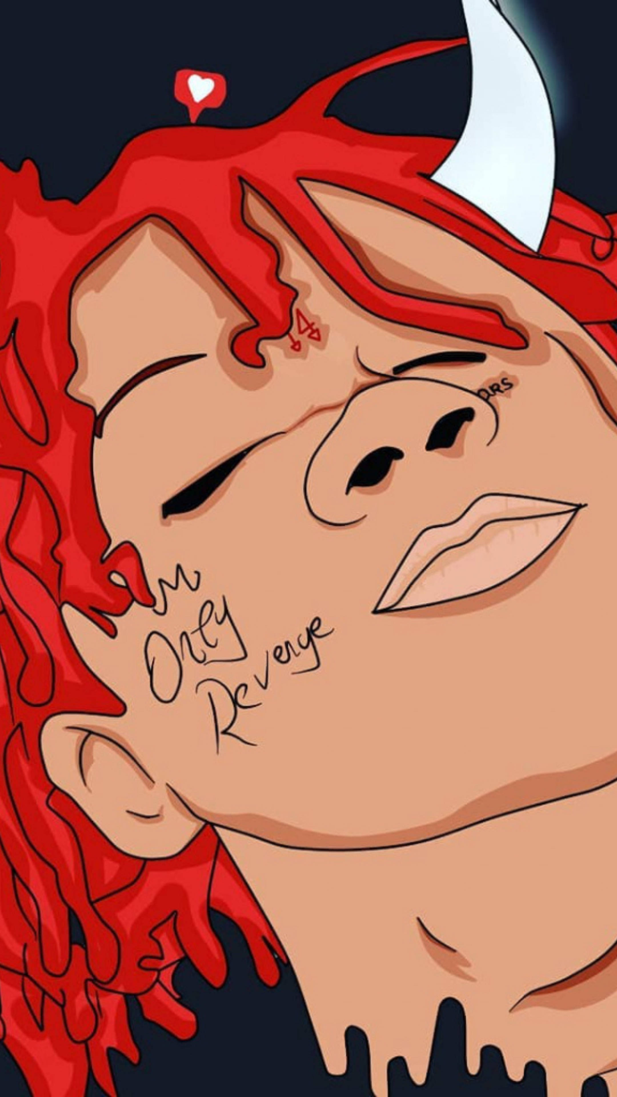 Trippie Redd 矢量藝術 壁紙 — 一個風格化的動漫角色，紅髮白角，臉上紋有「I'm Only Revenge」的紋身，露出冷笑。