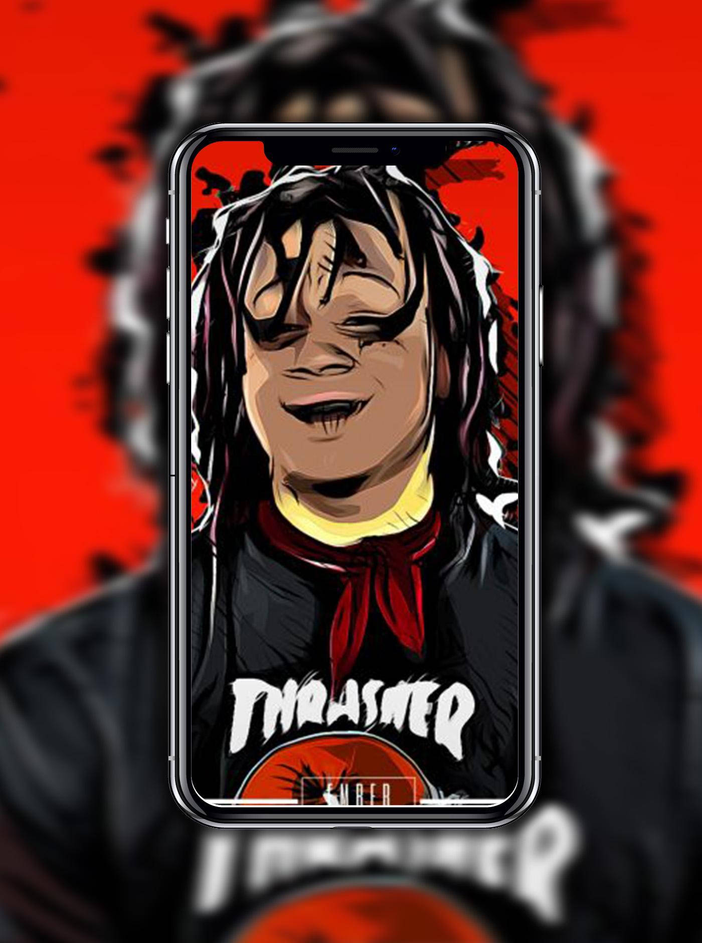 Trippie Redd 穿 Thrasher 毛衣 壁紙 — 一個風格化的數位插圖，描繪一個微笑的男士，留著辮子，在紅色背景的智能手機屏幕上。