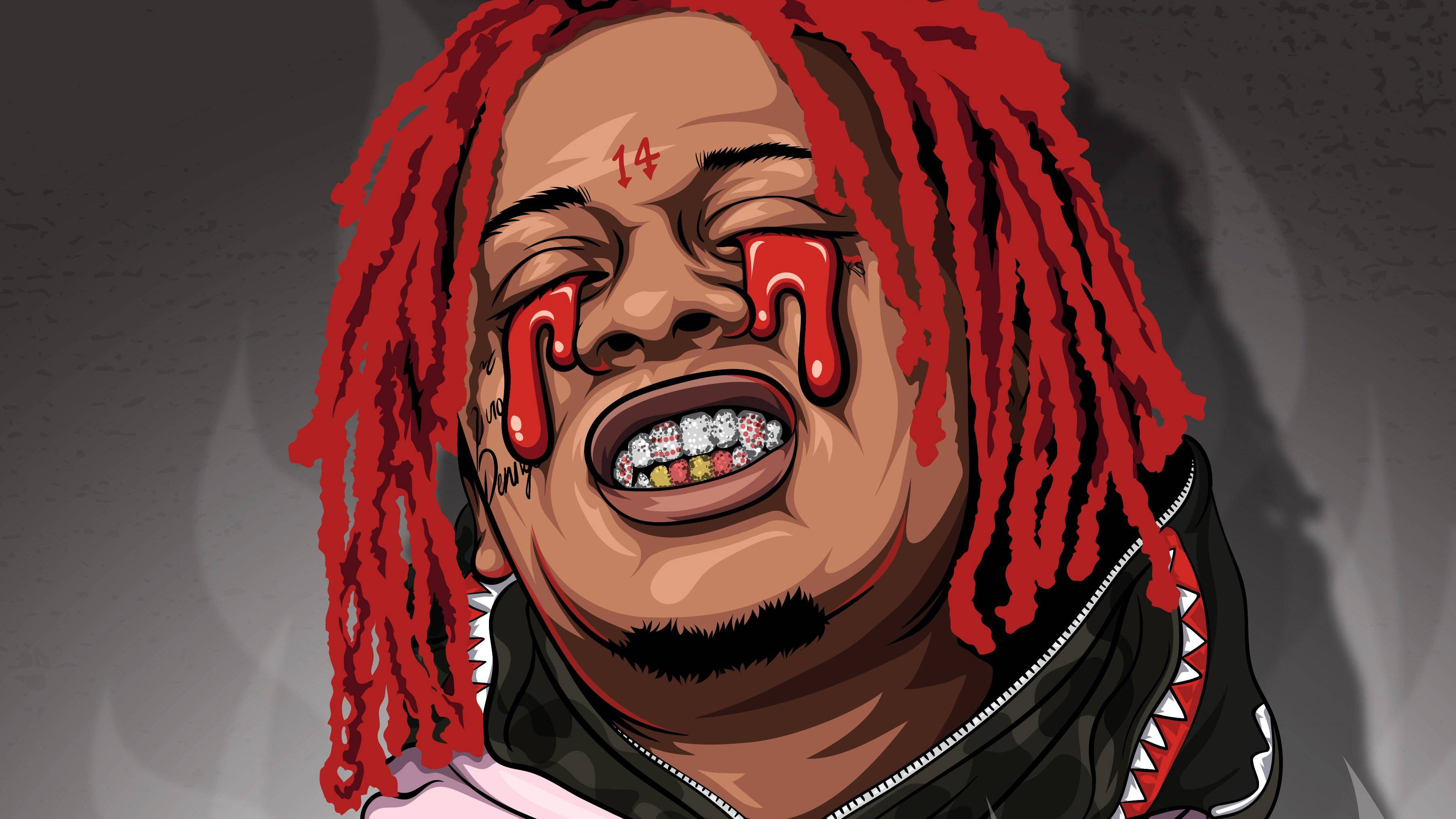 Trippie Redd 紅色眼淚 壁紙 — 一個風格化的數碼肖像，描繪一個留著紅色辮子、眼睛流血並尖叫的人。