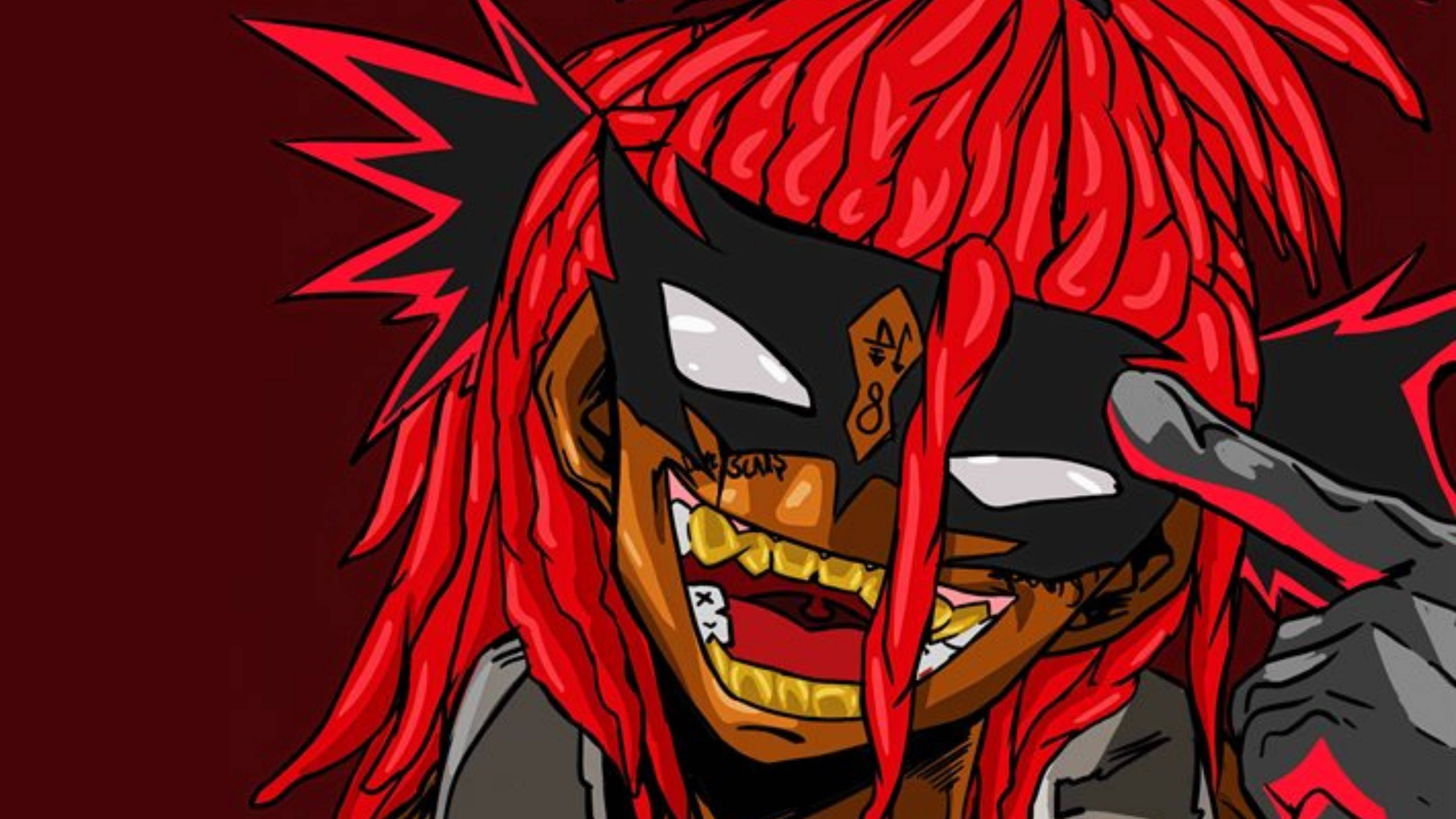 Trippie Redd 美國饒舌歌手 壁紙 — 一個兇猛的動漫角色，擁有尖刺的紅髮和黑色面具，在深紅色背景上狂野地咧嘴笑。