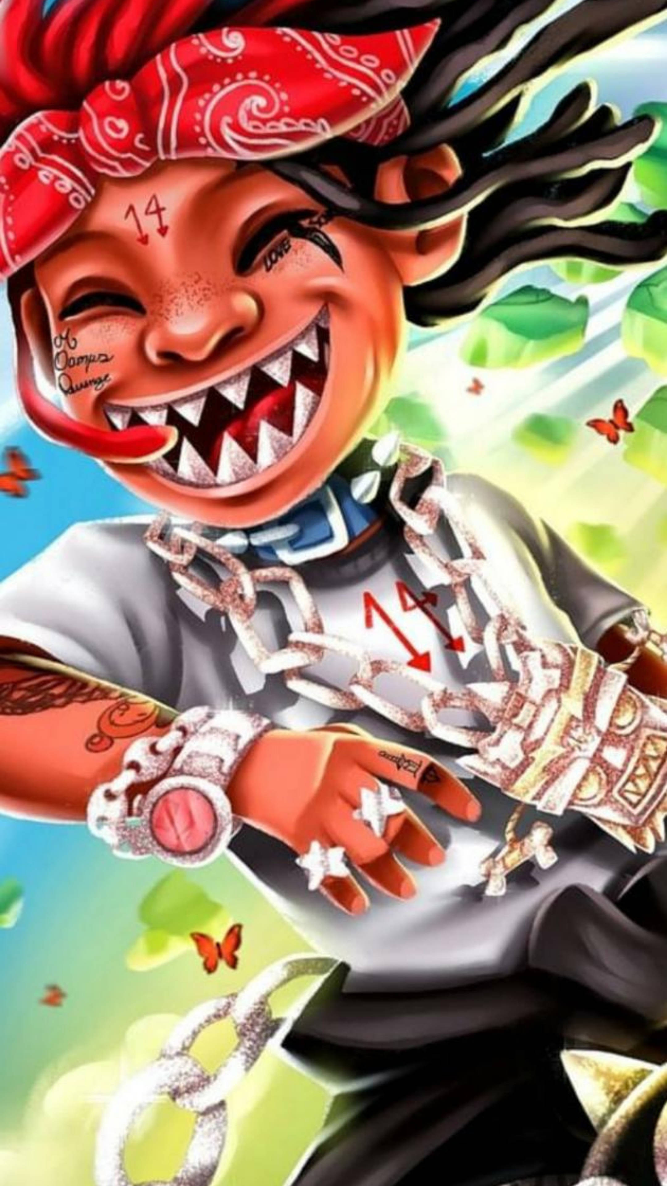 Trippie Redd 首張專輯封面 壁紙 — 一個卡通角色，戴著紅色頭巾，露出尖牙，狂笑著，手持鎖鏈和金錢，周圍蝴蝶飛舞。
