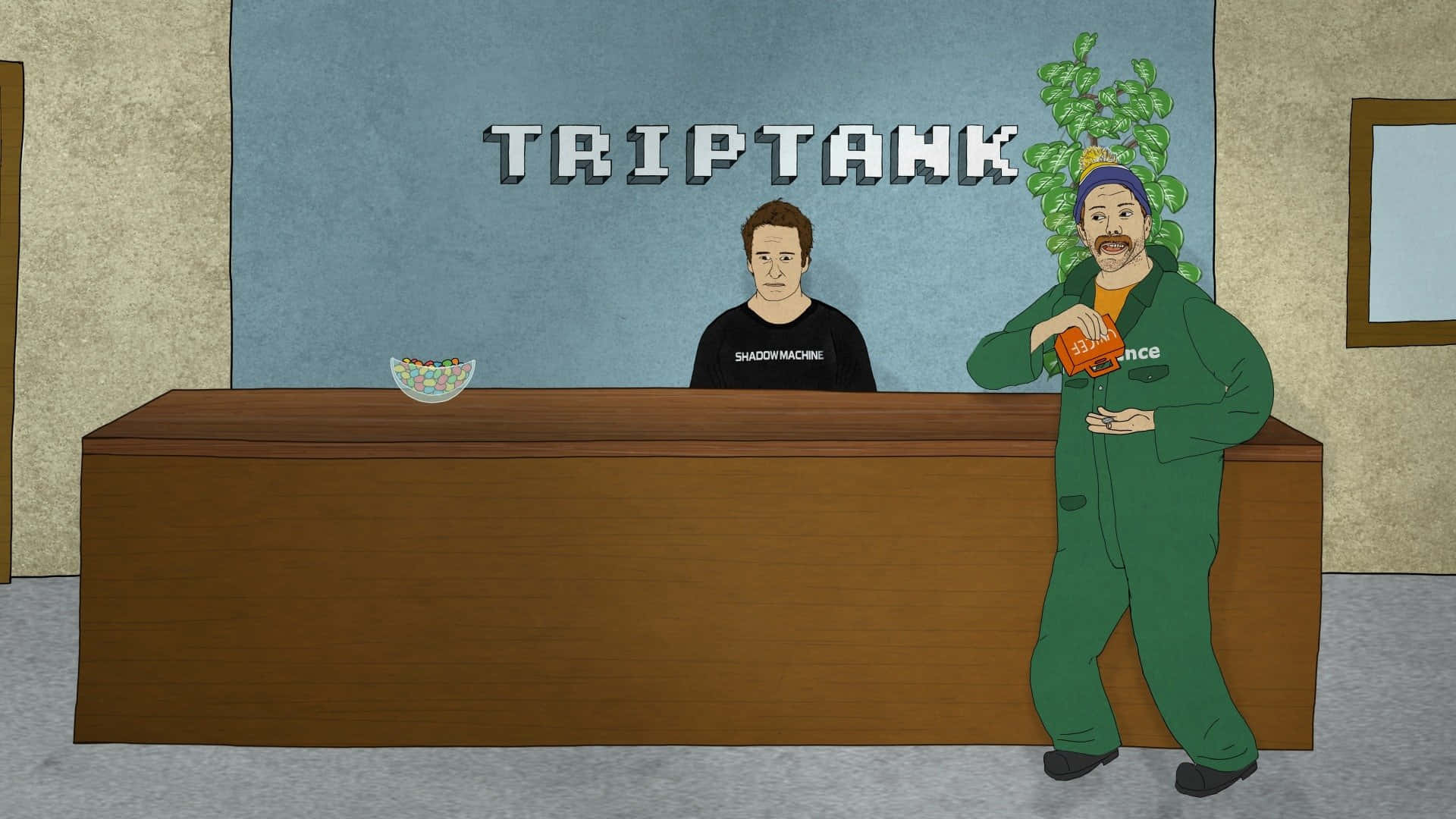 Triptank：極致冒險體驗 壁紙 — 兩個插圖男子站在一個有藍色牆壁和「TRIPTANK」標誌的房間裡的木製櫃檯後面和旁邊。