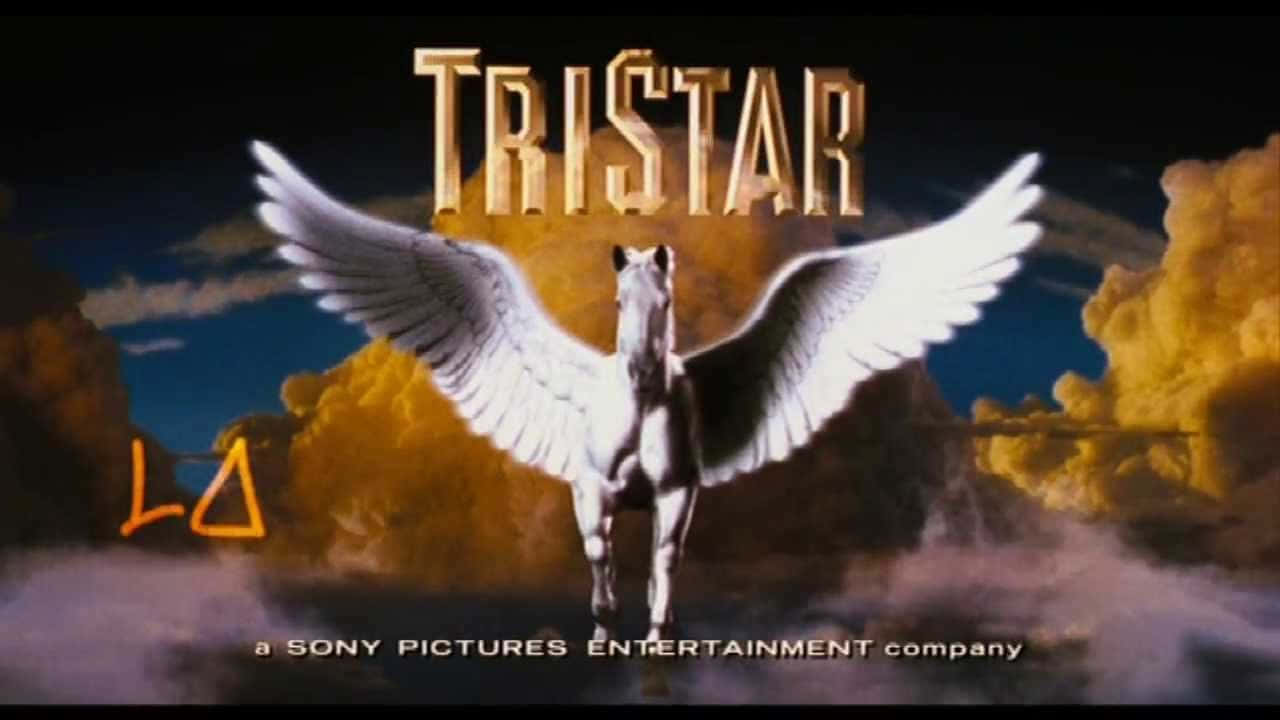 TriStar飛馬日落畫面 壁紙 — 一匹雄偉的白翼馬傲然站立在戲劇性的天空下，天空有金色雲彩，上方閃耀著Tristar標誌。
