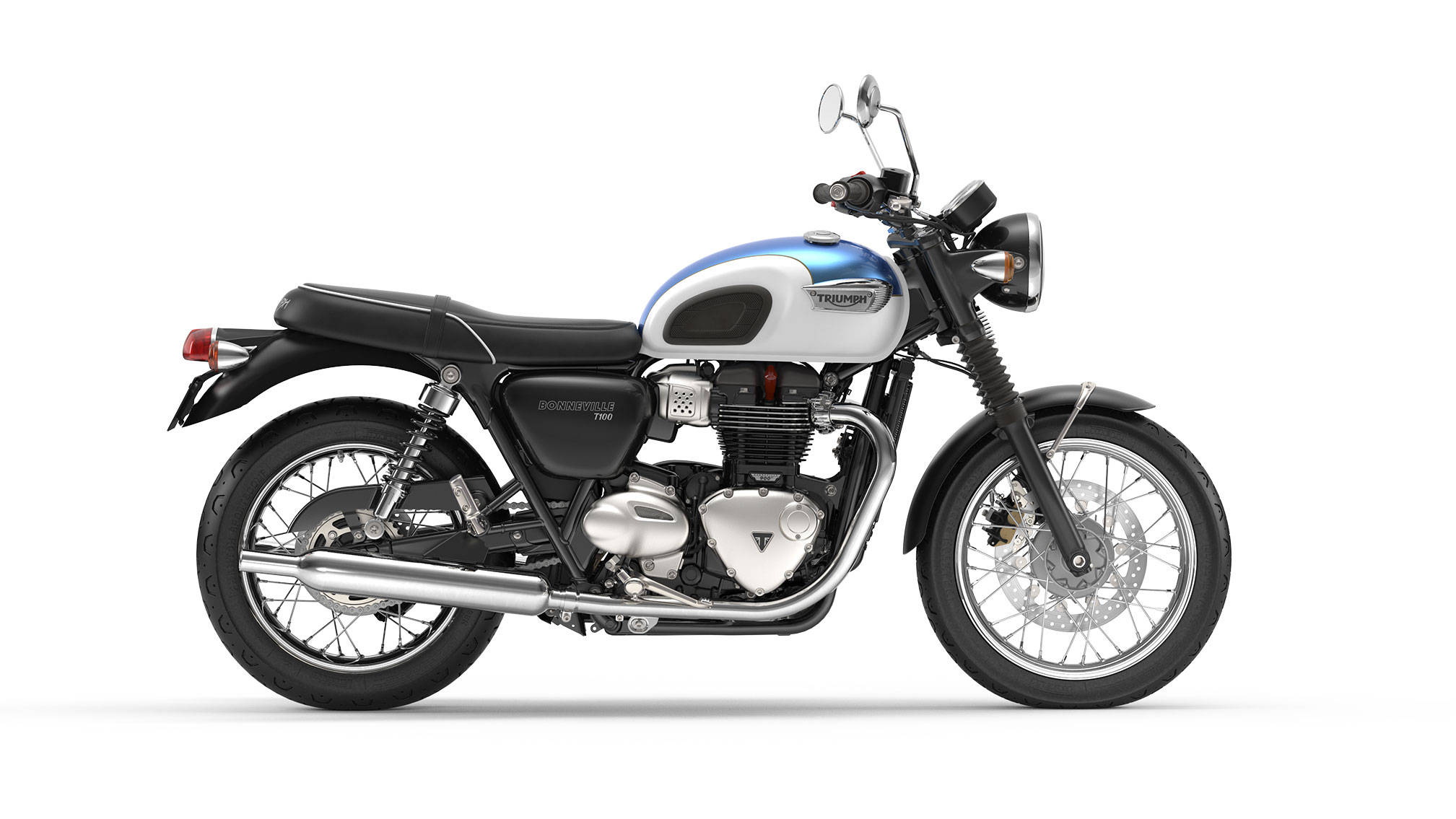 Triumph Bonneville 2020 T100 藍色版 壁紙 — 一輛時尚的Triumph Bonneville T160電單車，藍銀色塗裝在純白背景上閃閃發光。