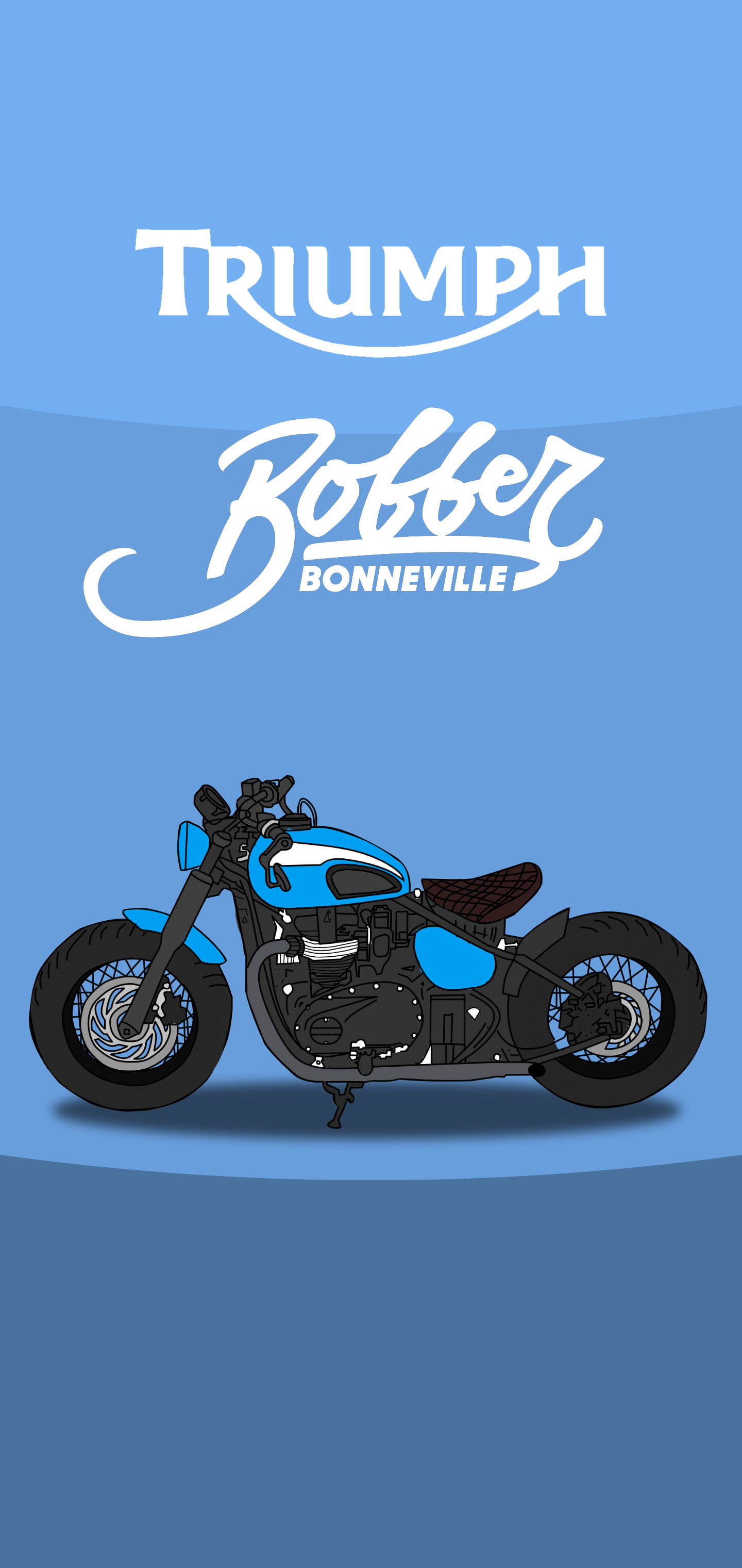 傳奇Triumph Bonneville Bobber摩托車 壁紙 — 一個風格化的藍色和黑色Triumph Bobber Bonneville電單車圖形，背景為漸變藍色，帶有白色品牌標識。