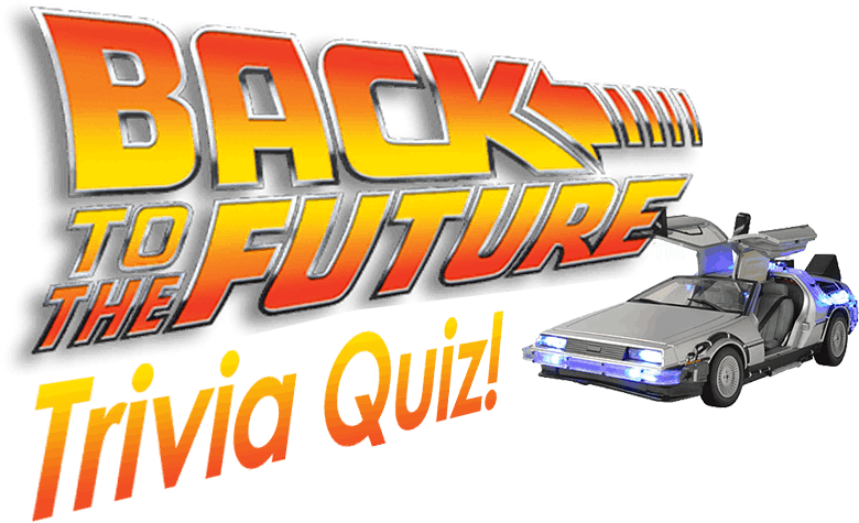回到未來 trivia 知識競賽 壁紙 — 大膽的復古未來主義標誌，用於 Back to the Future 問答測驗，帶有標誌性的 DeLorean 時光機，在黑色背景上發出藍色光芒。