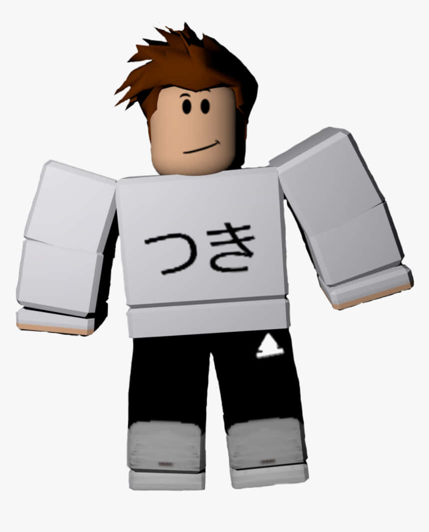 穿「月」字T恤的Roblox男孩頭像 壁紙 — 一個方塊狀的 Roblox 頭像，棕色頭髮，穿著印有日文漢字「月」的白襯衫。