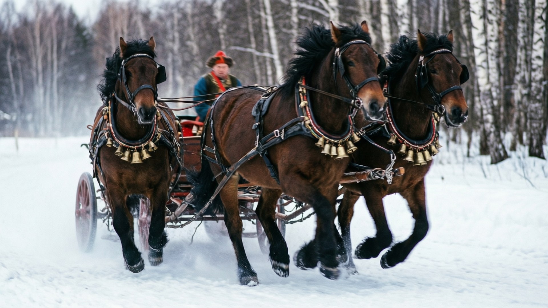 三匹棕色馬匹拉著雪橇穿過雪林，車夫戴著紅帽。