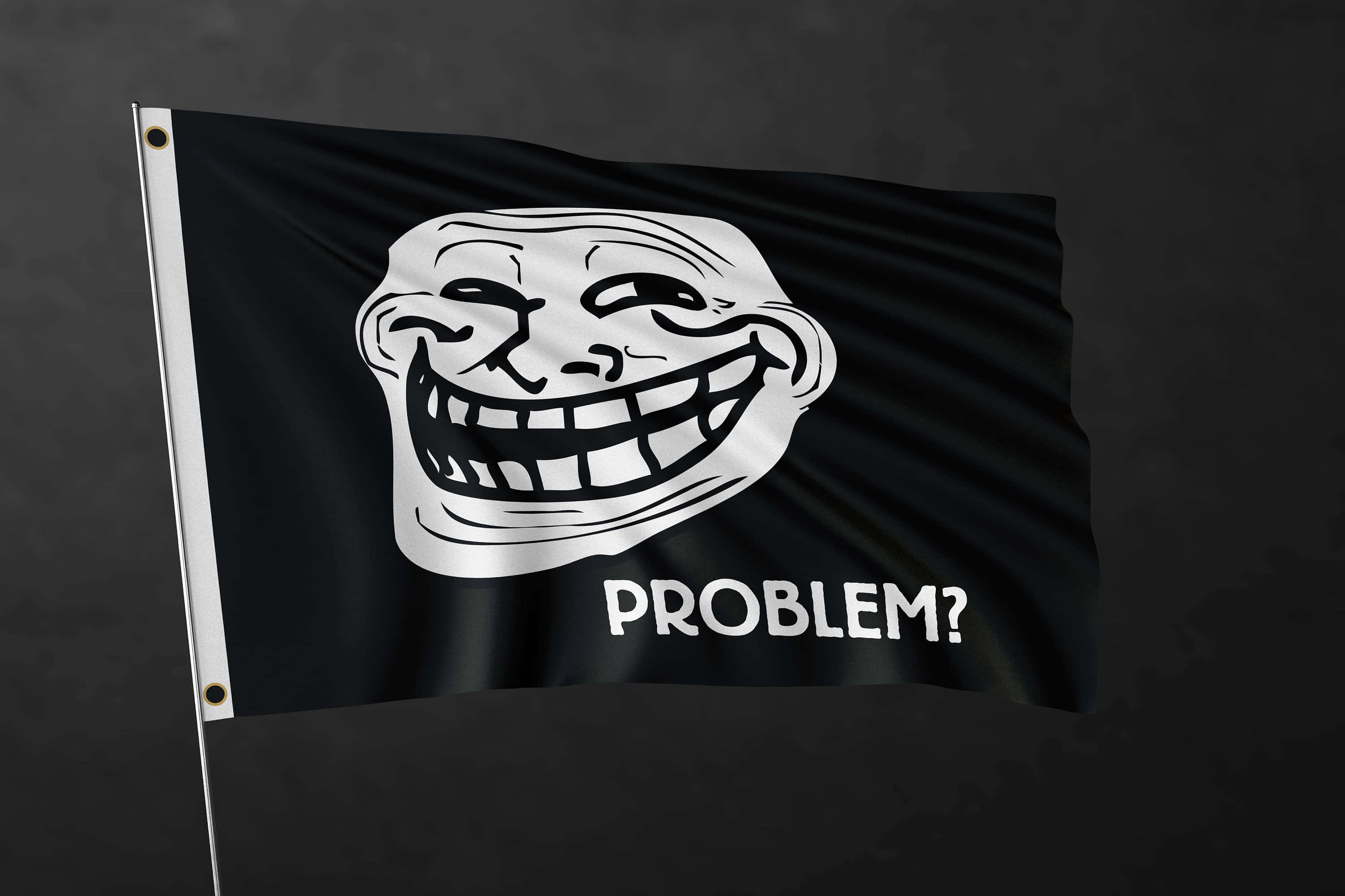 Troll Face 問題圖 壁紙 — 一面黑色旗幟，上面有白色 troll 臉和文字 problem?，在深灰色背景上飄動。