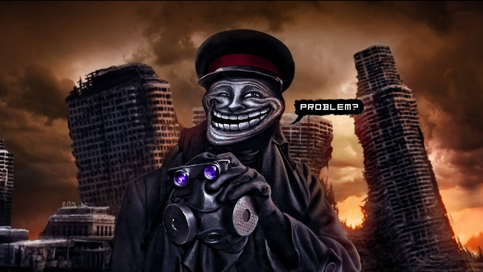 一個咧嘴大笑的卡通巨魔，在日落時分的廢墟城市中手持雙筒望遠鏡。
