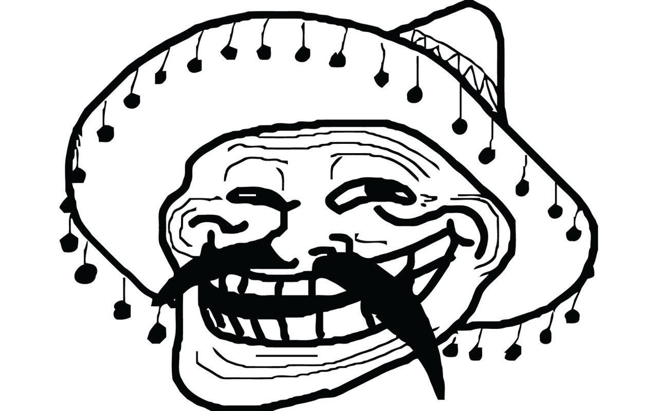 戴著裝飾流蘇嘅闊邊帽嘅 Troll Face 迷因。