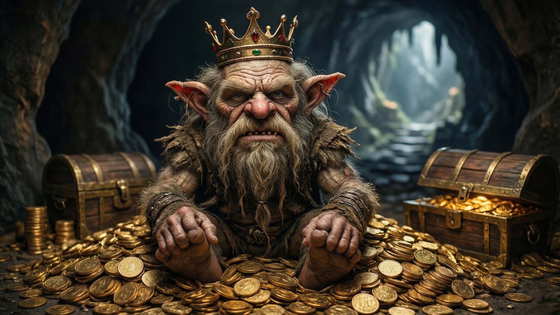 憤怒的戴冠矮人被金幣和寶箱包圍在黑暗洞穴中。